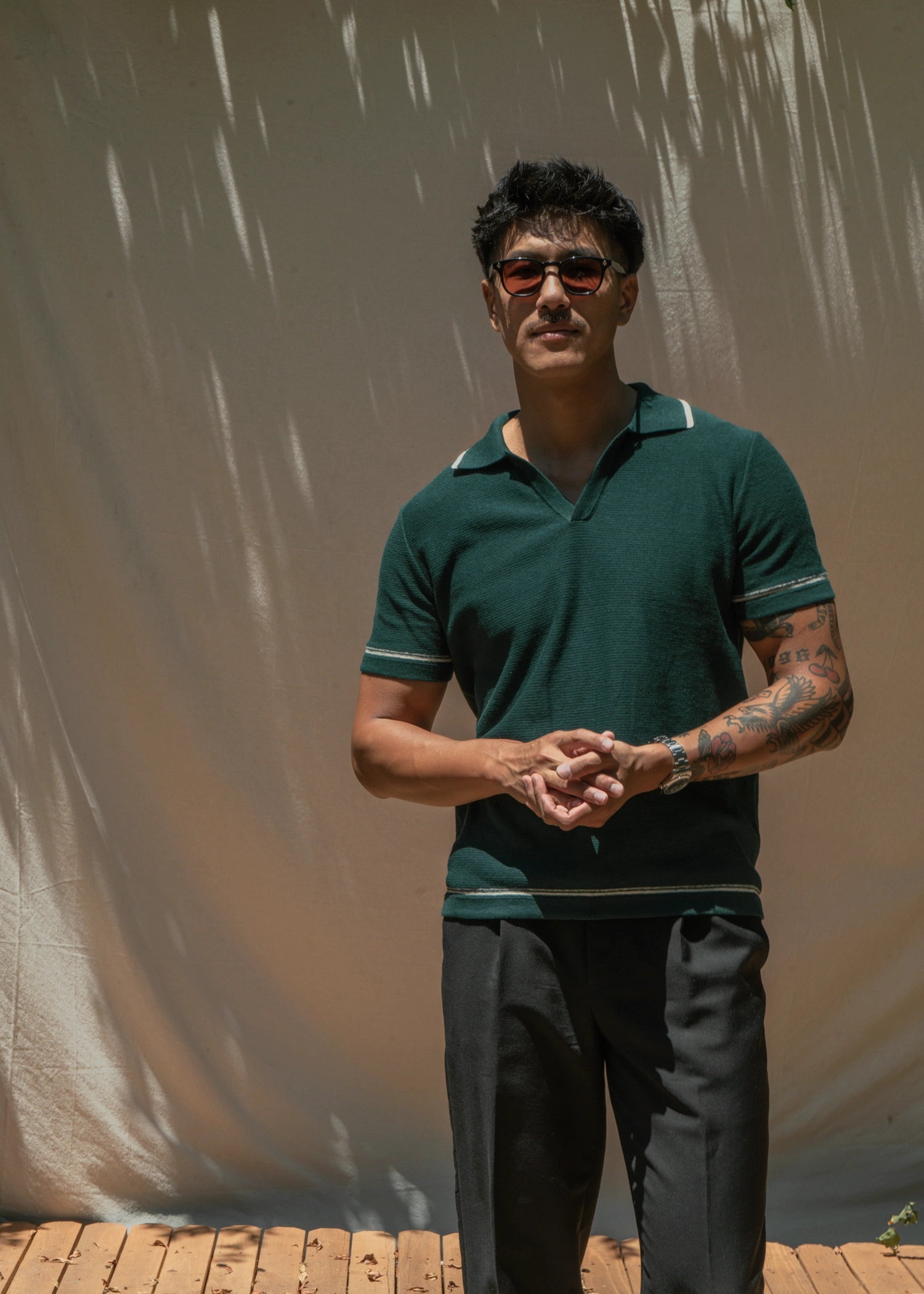 Linen Stripe Trim Polo - Deep Green