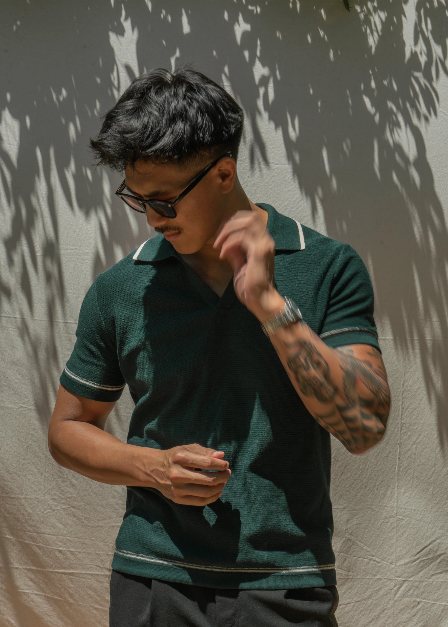 Linen Stripe Trim Polo - Deep Green
