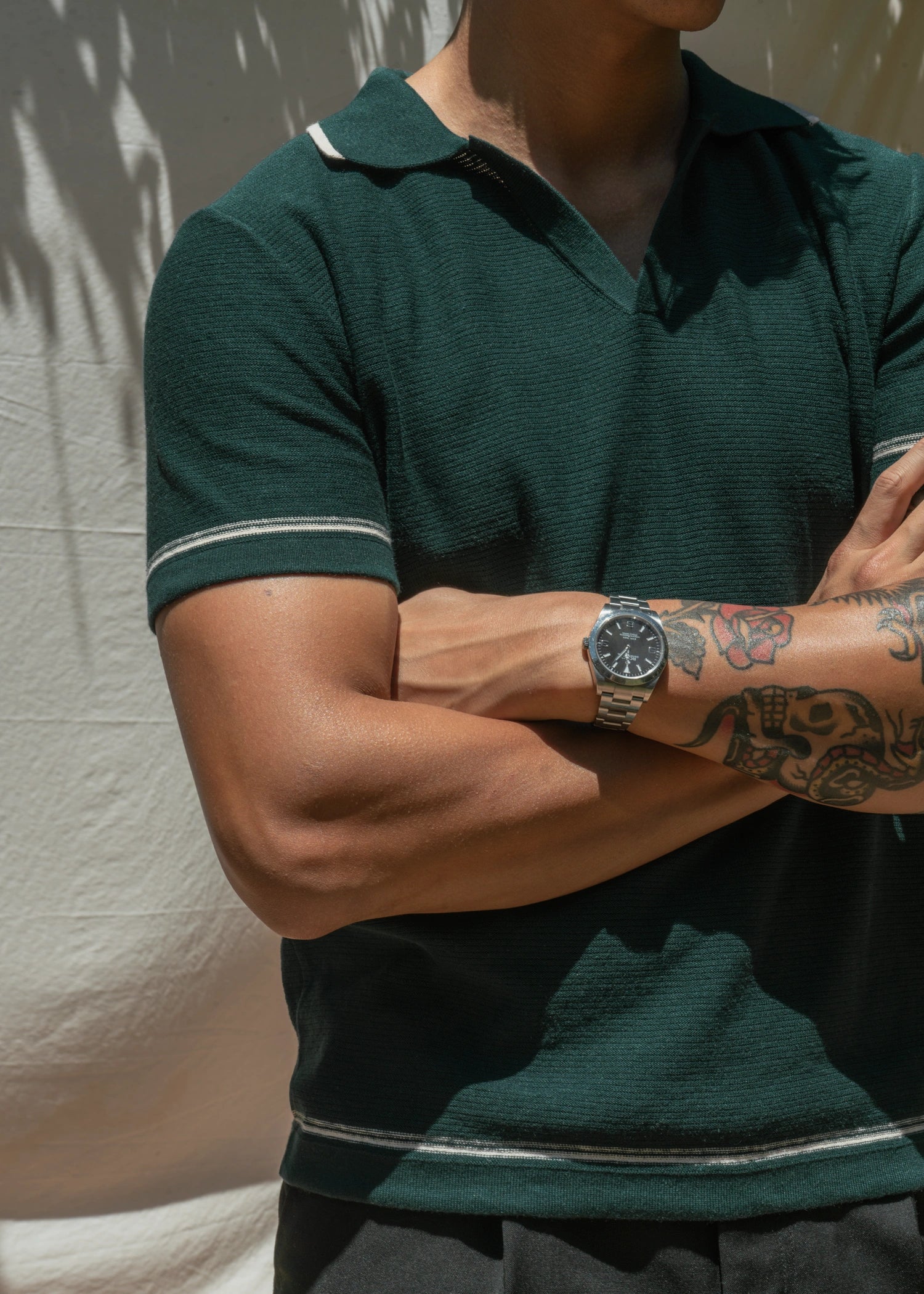 Linen Stripe Trim Polo - Deep Green