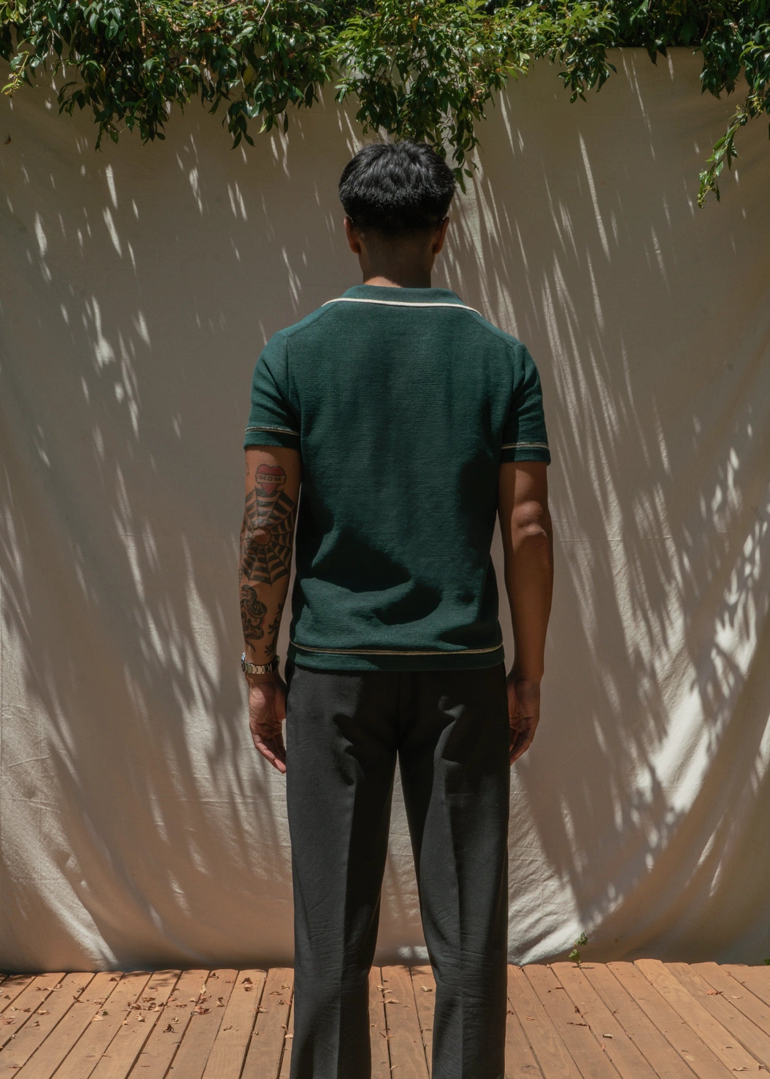 Linen Stripe Trim Polo - Deep Green