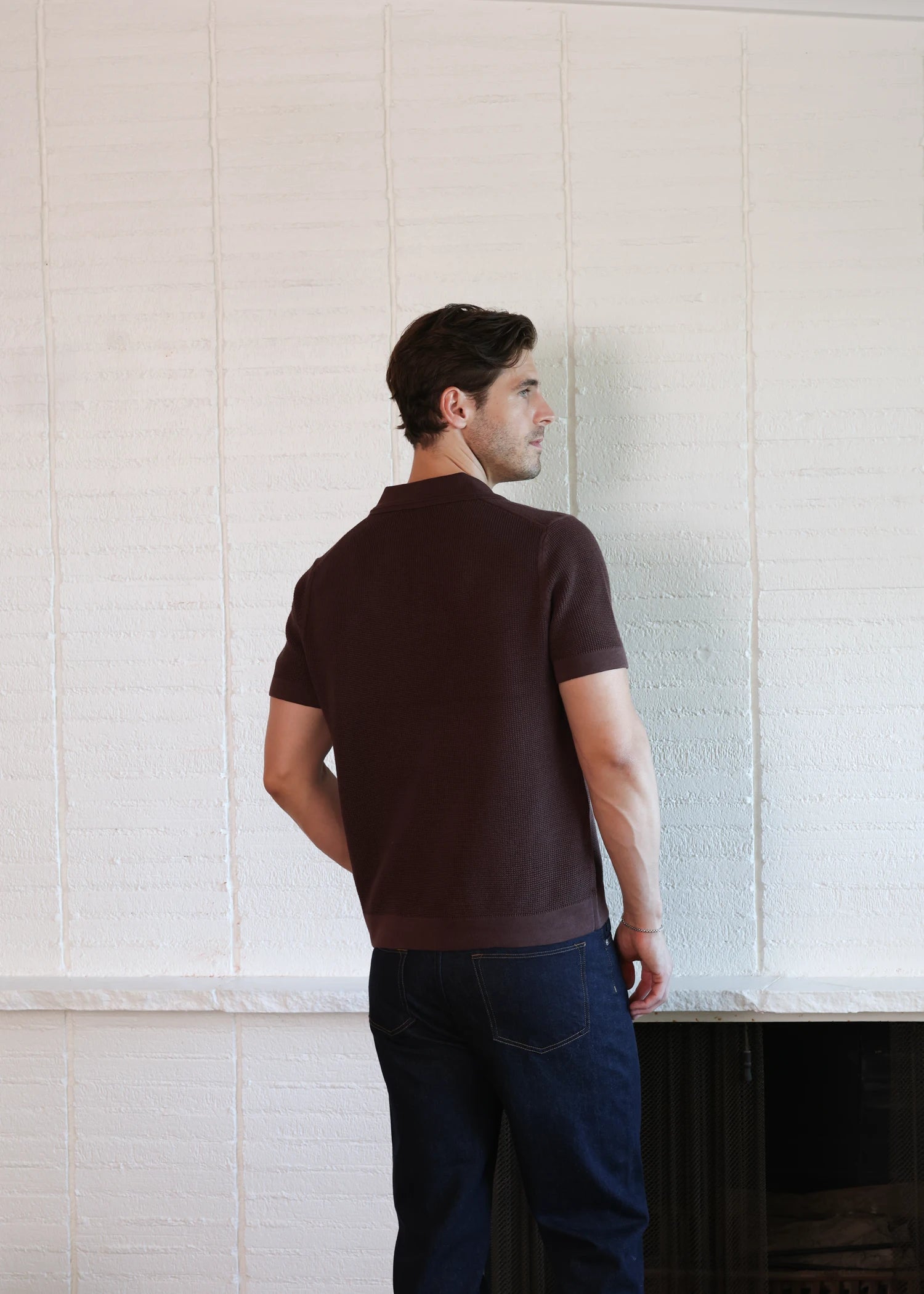 Mercer Cotton Open Collar Polo - Umber Brown