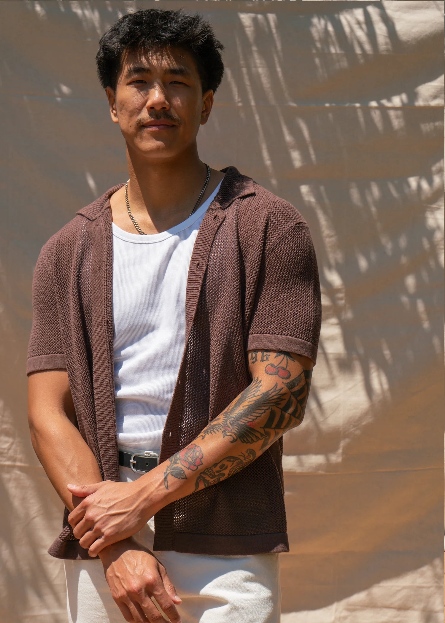 Linen Crochet Stitch Shirt - Java Brown