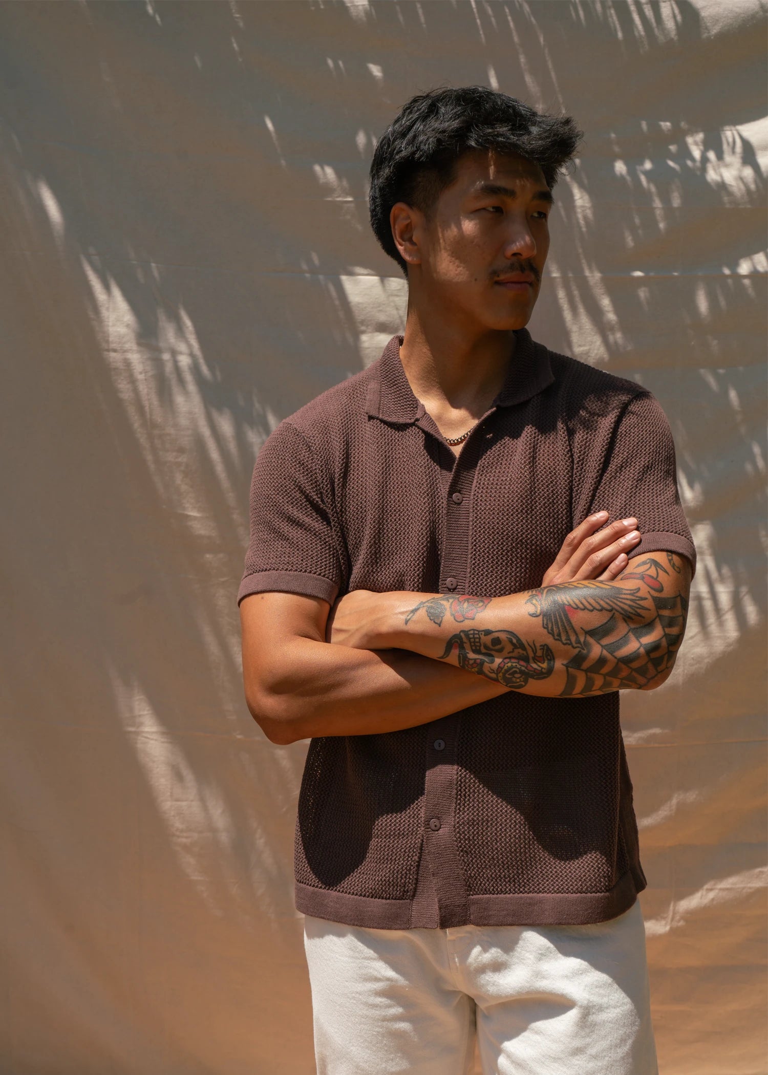 Linen Crochet Stitch Shirt - Java Brown