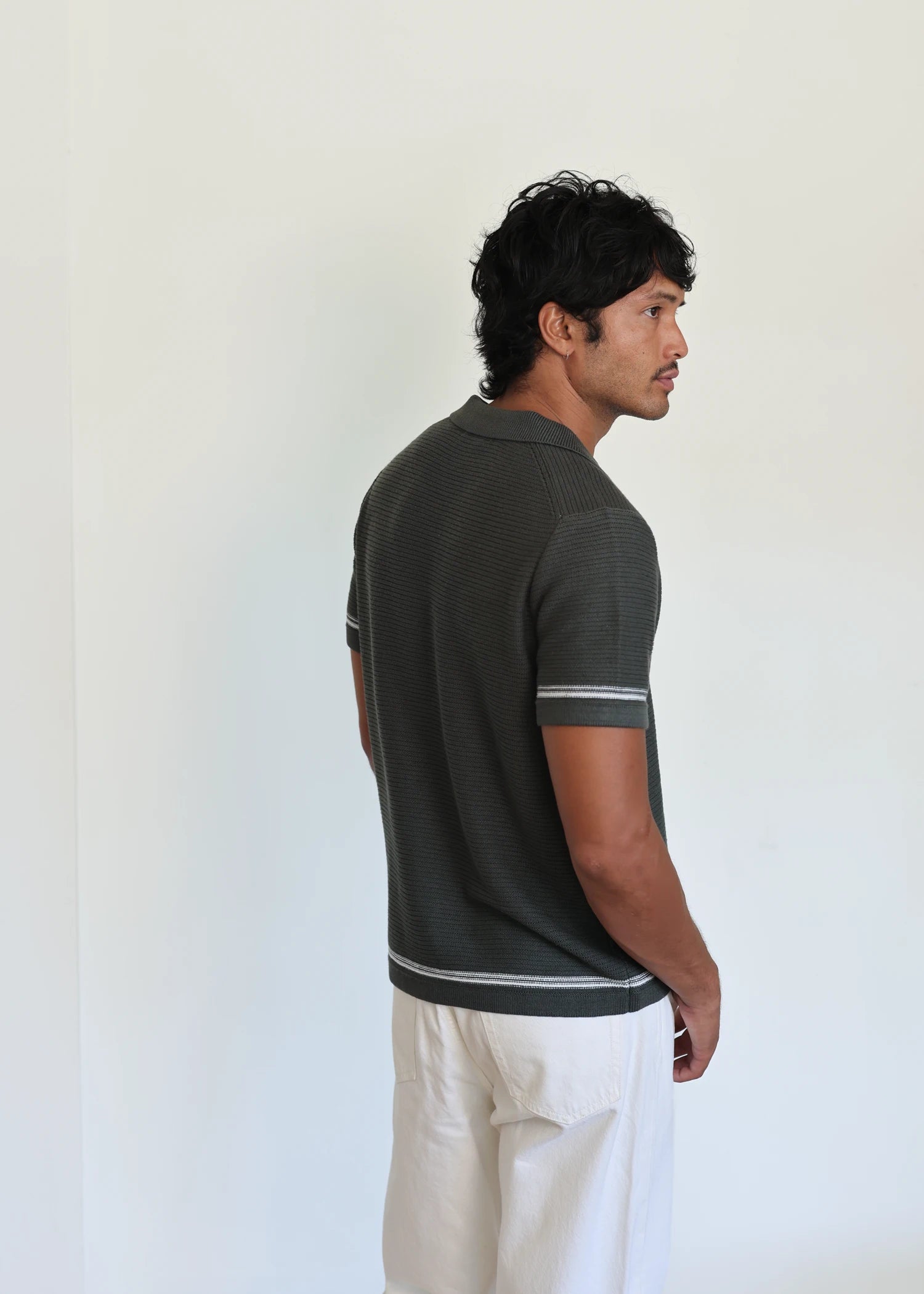 Linen Stripe Trim Polo - Pine Green