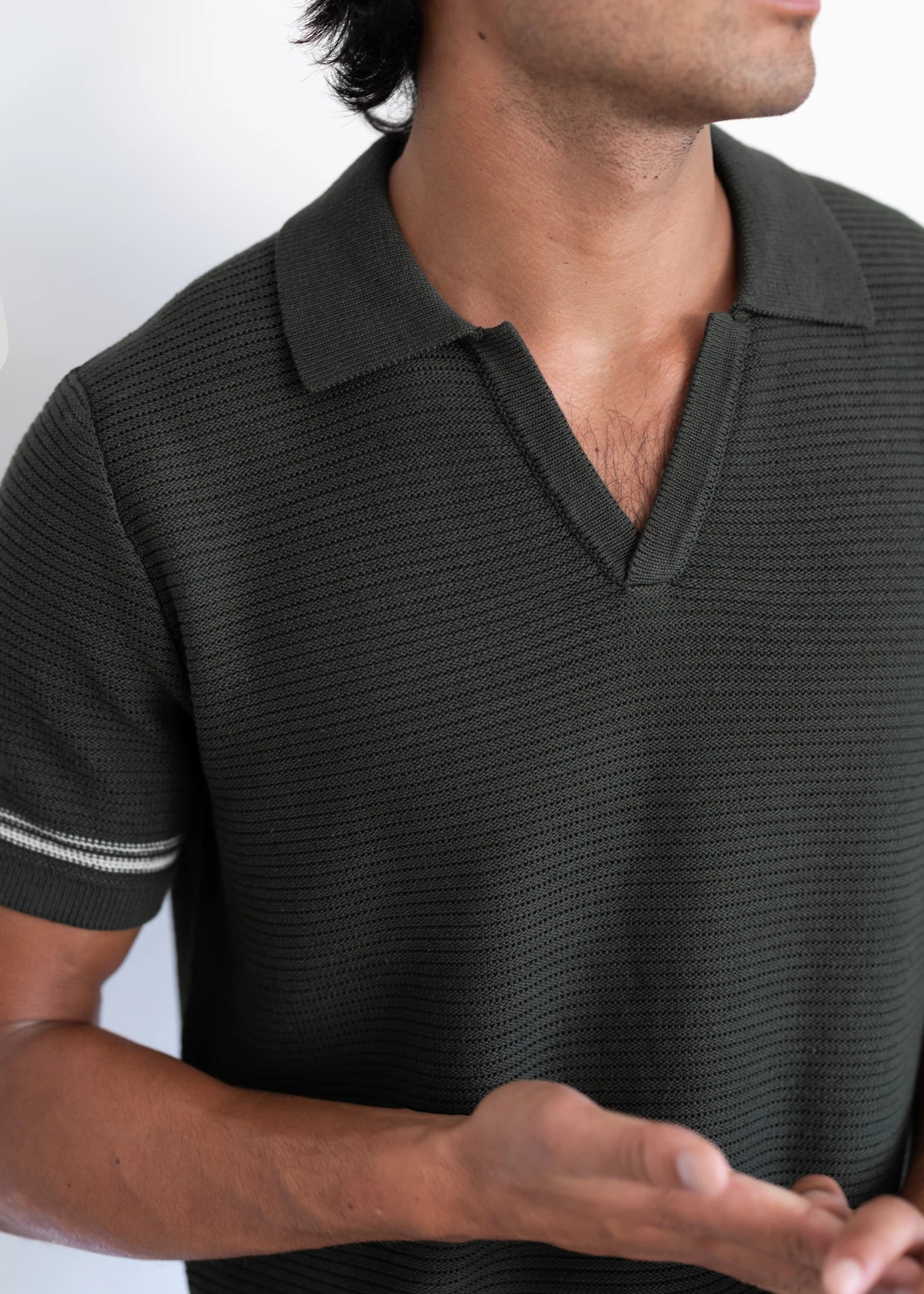 Linen Stripe Trim Polo - Pine Green