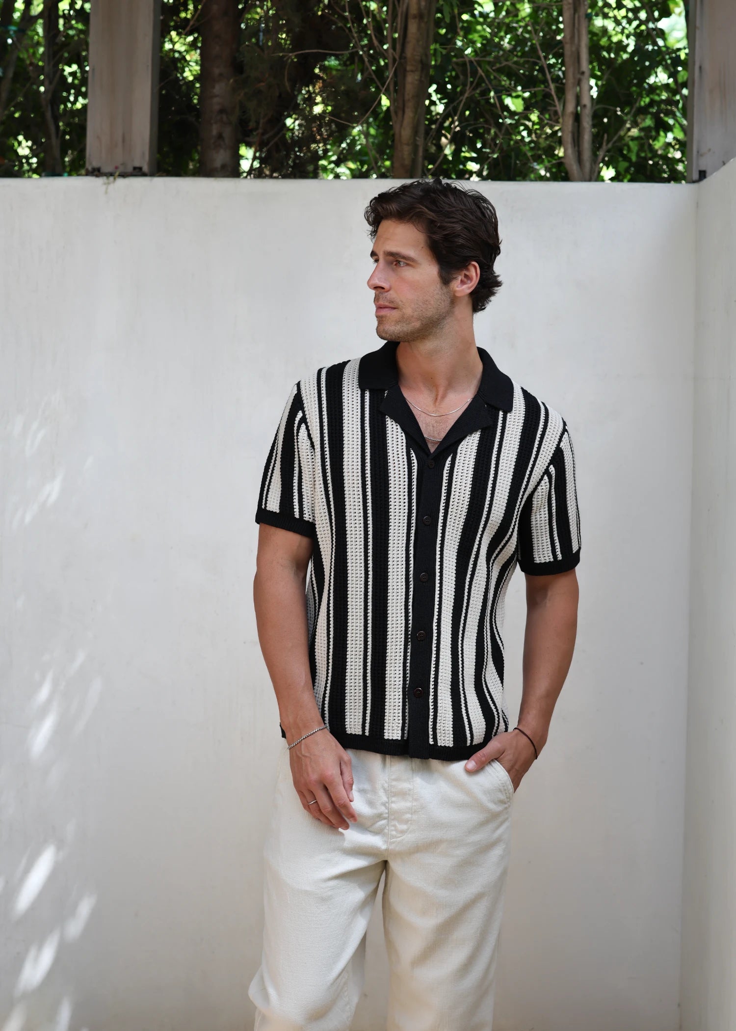 Linen Crochet Cabana Shirt - Black/Natural