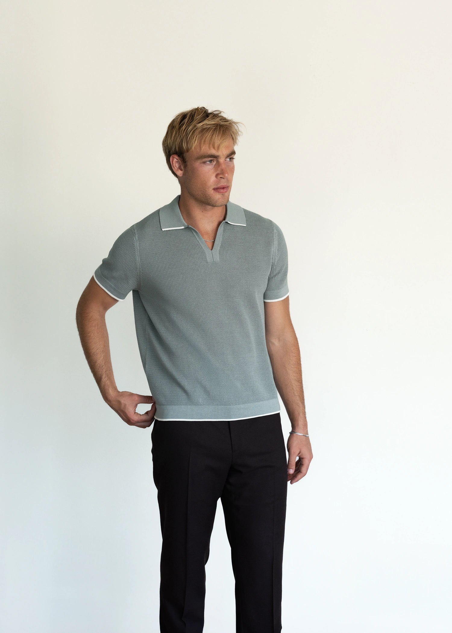 Mercer Cotton Open Collar Polo - Dusty Blue