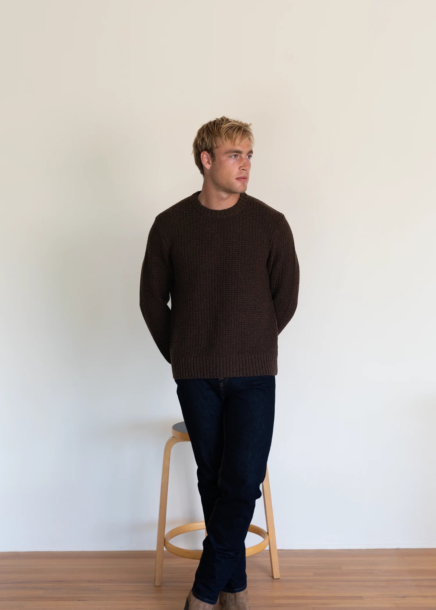 Extrafine Merino Waffle Crew - Java Brown
