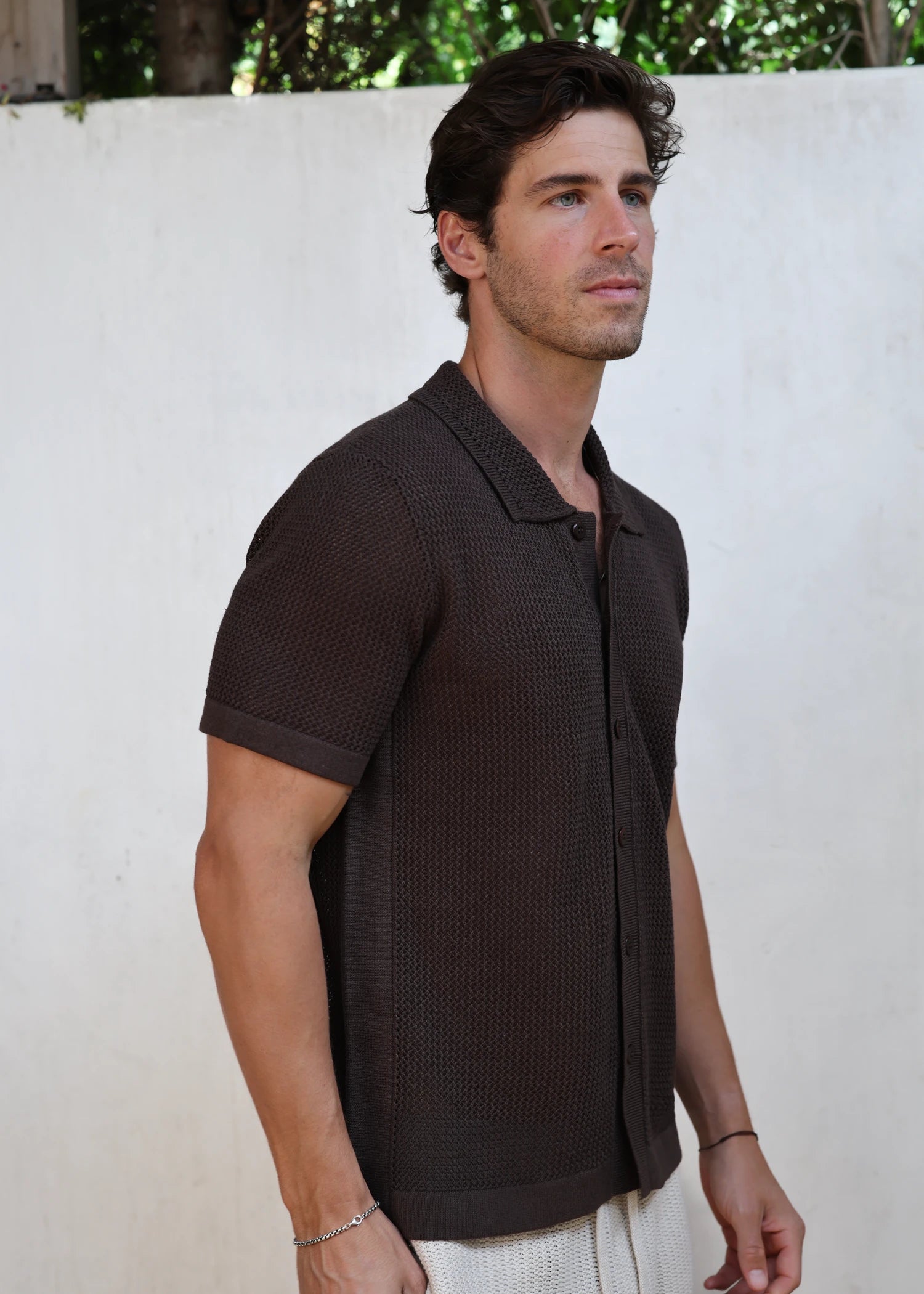 Linen Crochet Stitch Shirt - Java Brown