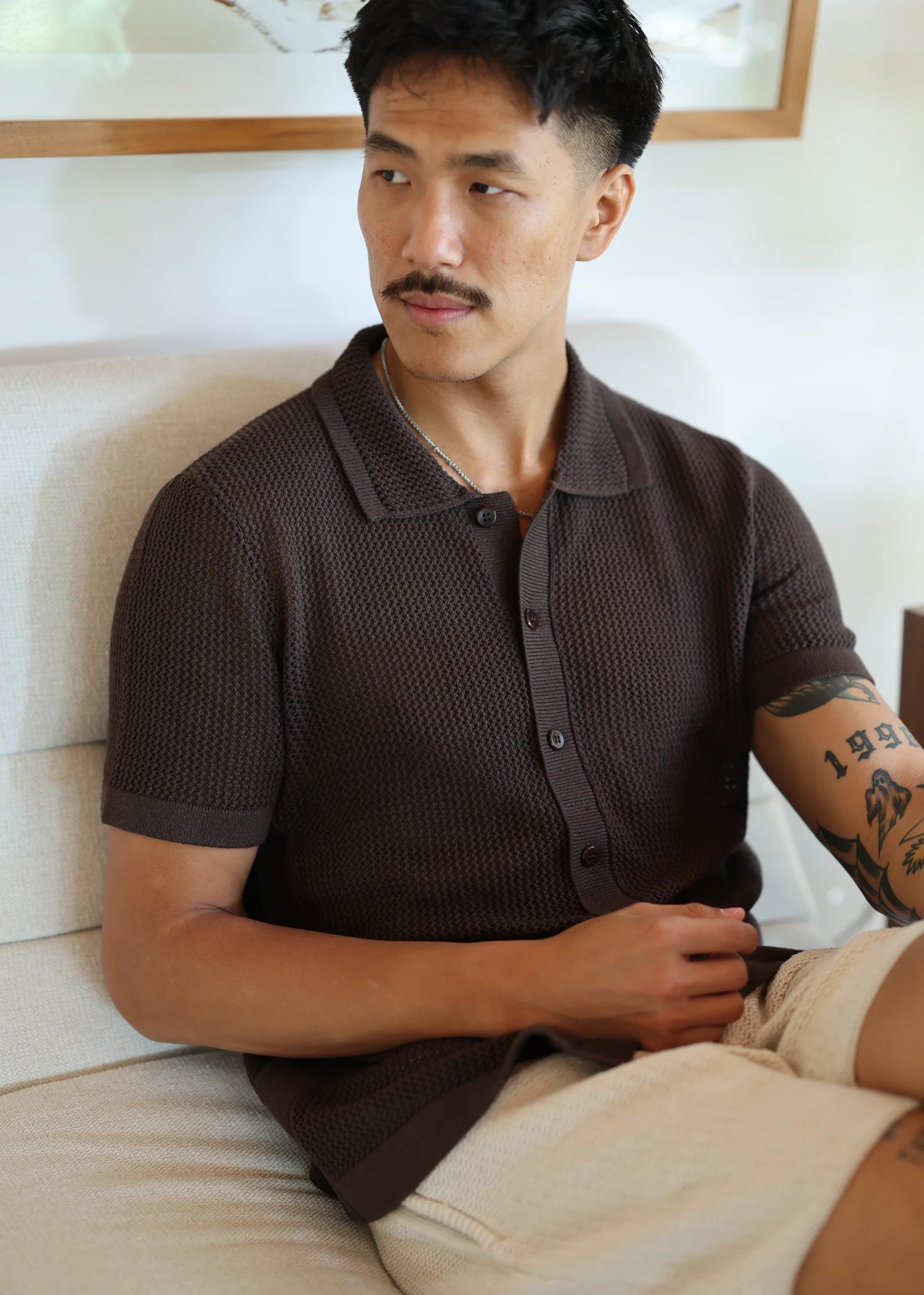 Linen Crochet Stitch Shirt - Java Brown