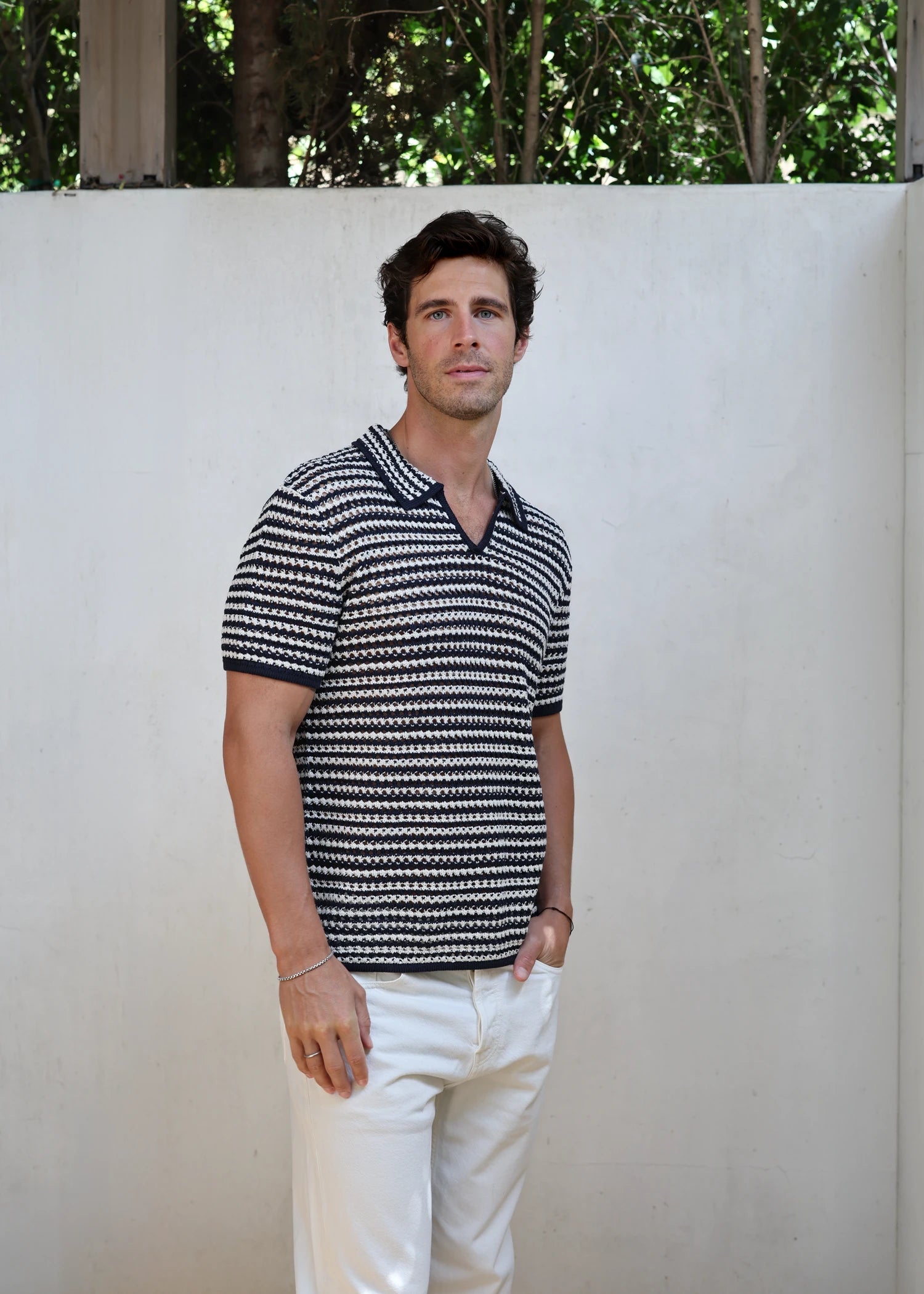 Linen Crochet Polo - Deep Navy/Natural
