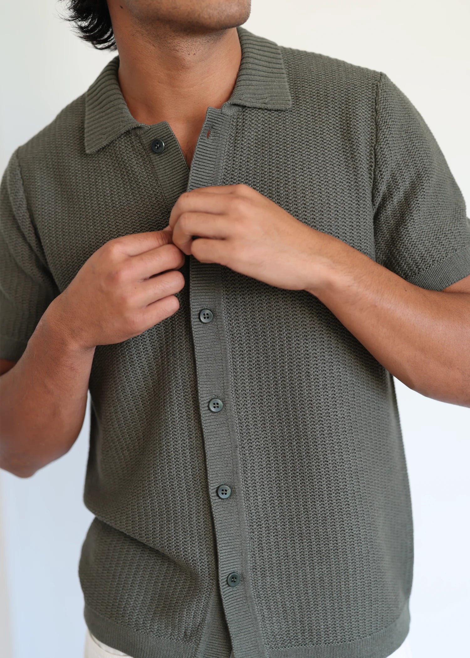 Linen Crochet Textured Shirt - Olive Green