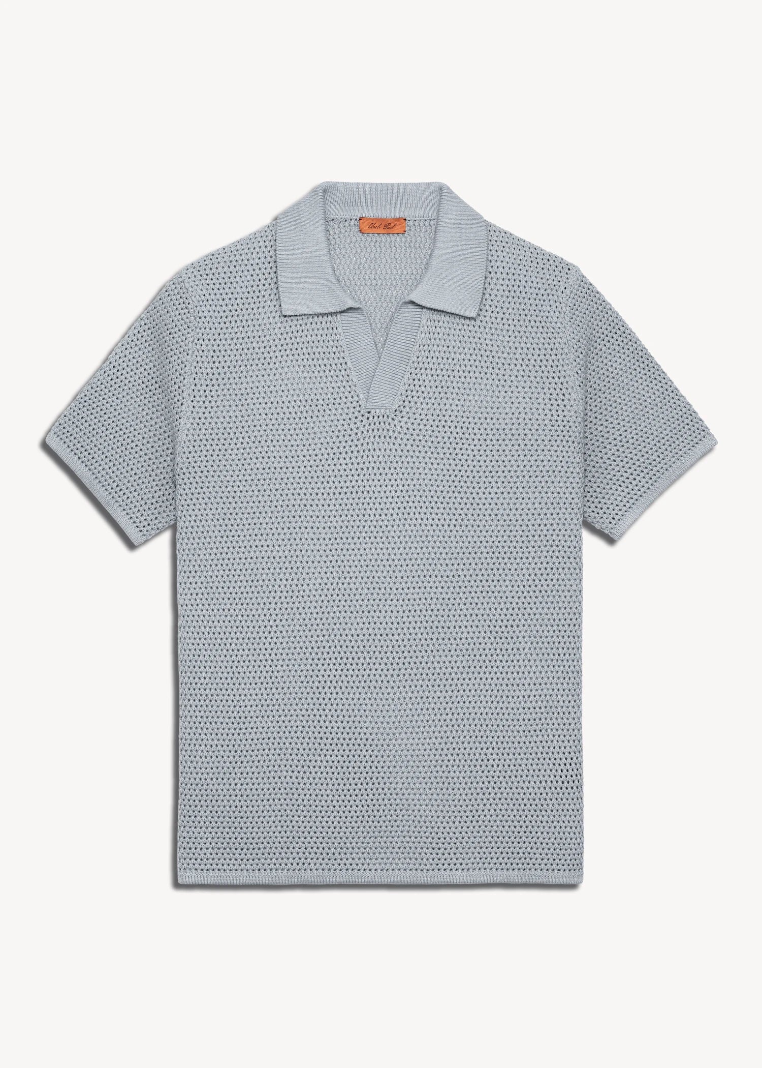 Linen Open Collar Crochet Polo - Powder Blue