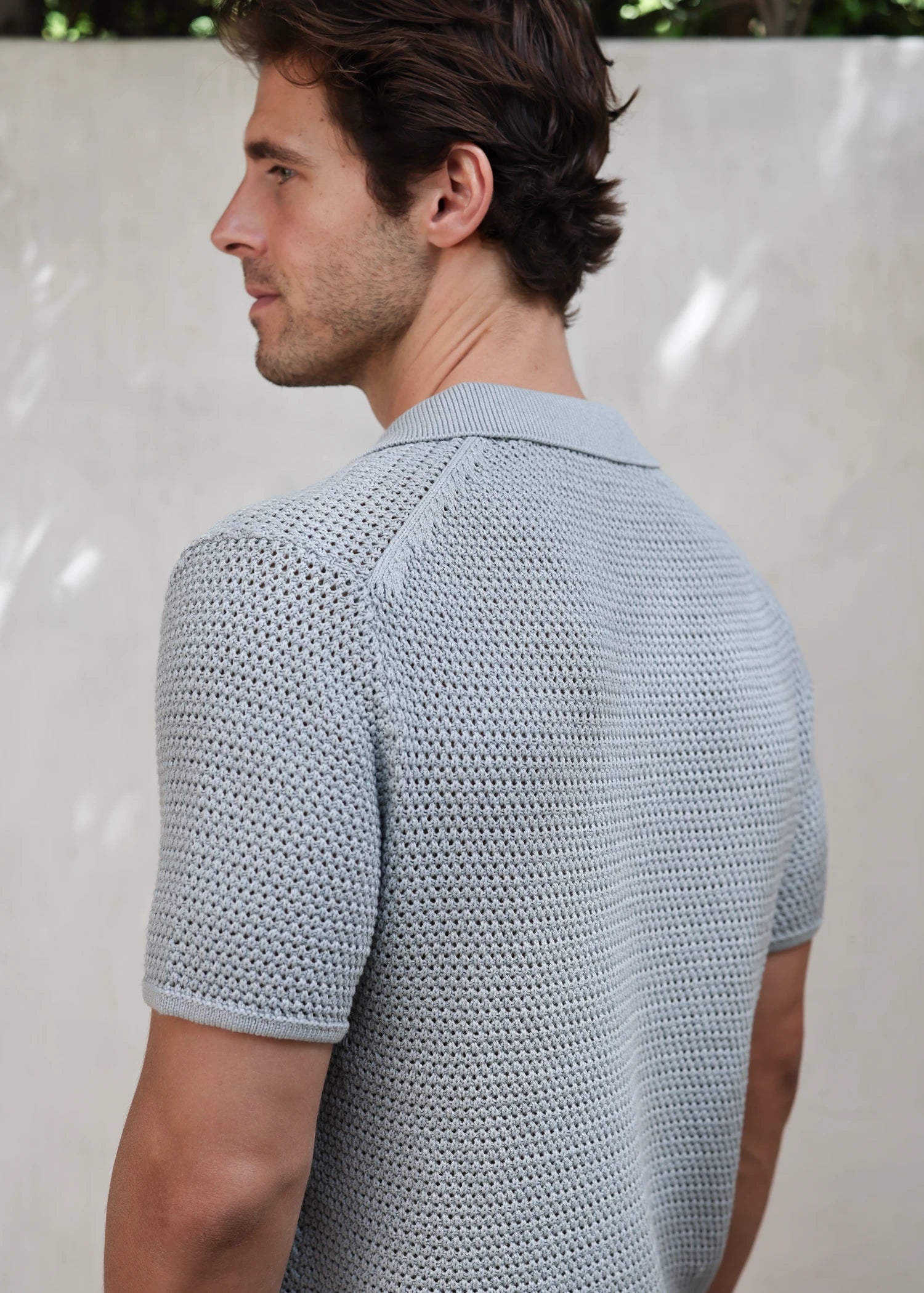 Linen Open Collar Crochet Polo - Powder Blue