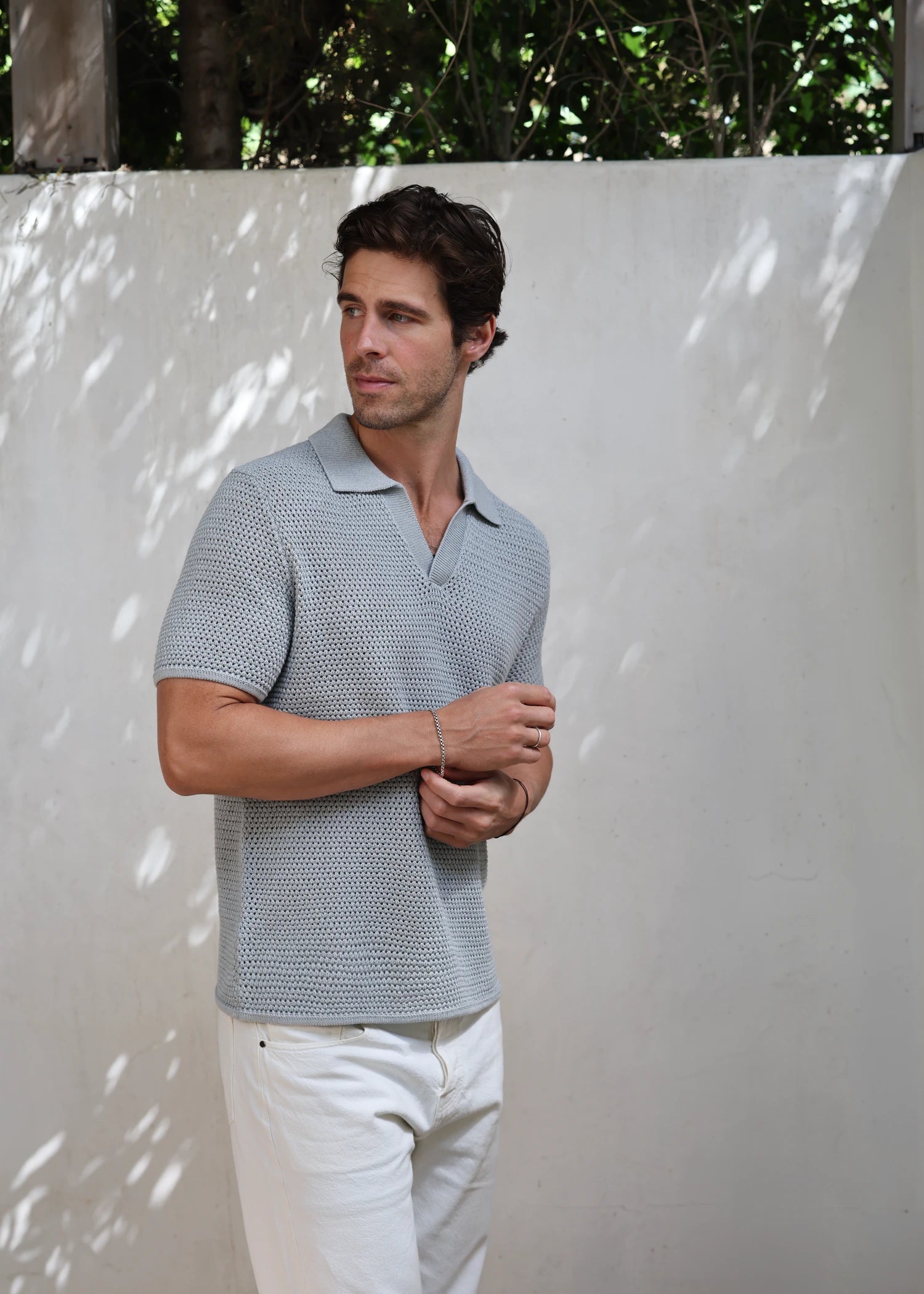 Linen Open Collar Crochet Polo - Powder Blue