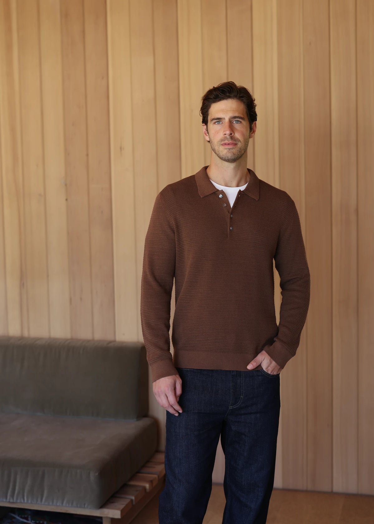 Mulberry Silk Long Sleeve Polo - Maple Brown