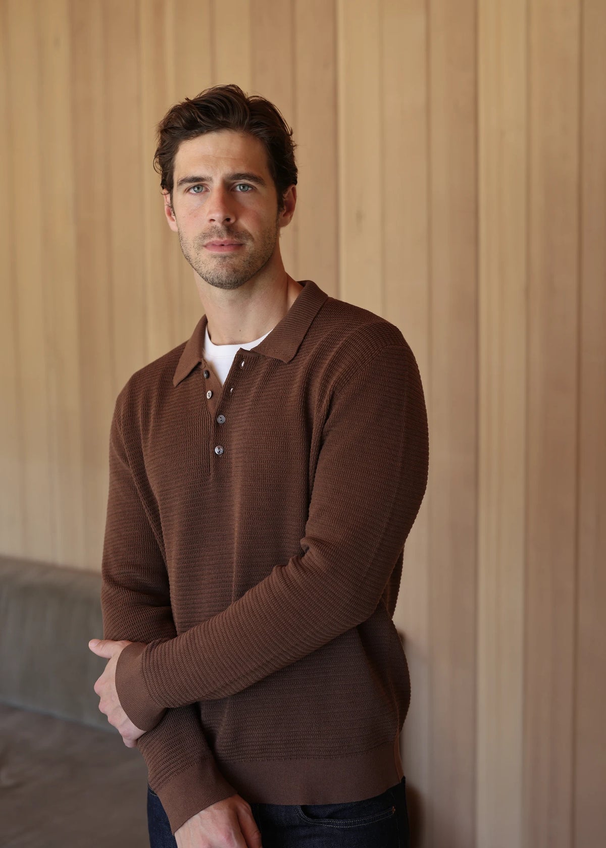 Mulberry Silk Long Sleeve Polo - Maple Brown