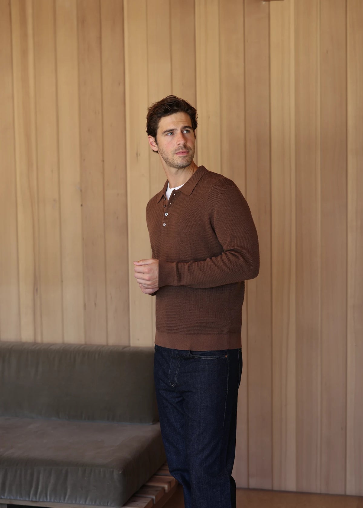 Mulberry Silk Long Sleeve Polo - Maple Brown
