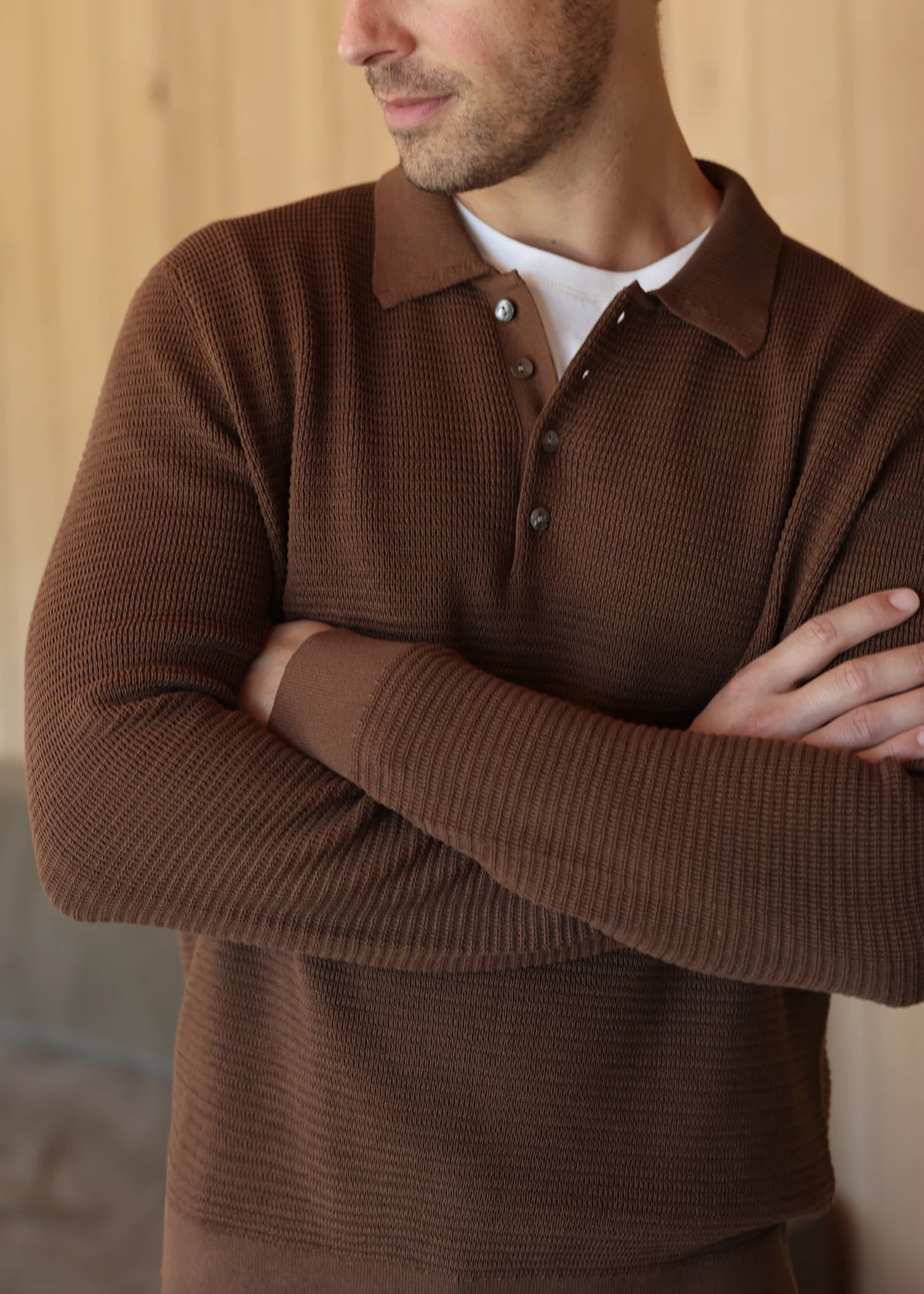 Mulberry Silk Long Sleeve Polo - Maple Brown