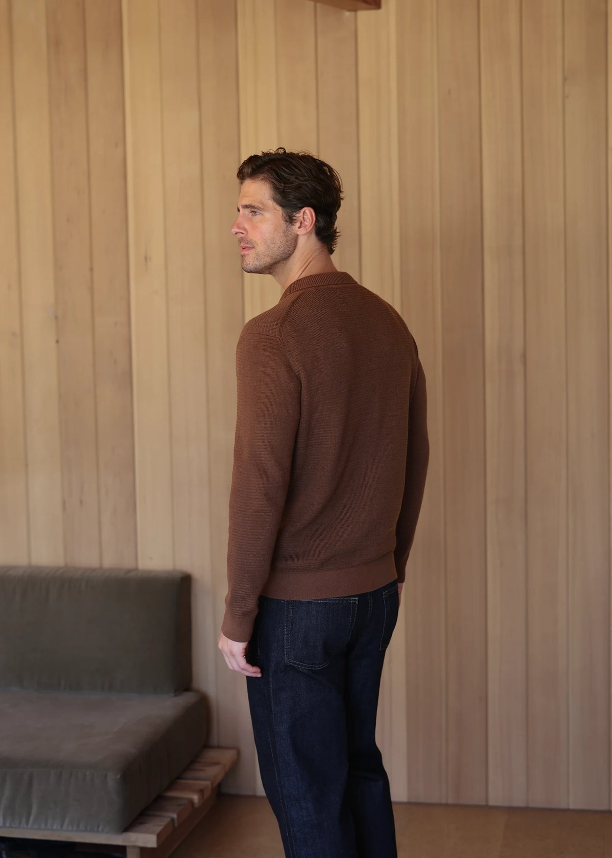 Mulberry Silk Long Sleeve Polo - Maple Brown