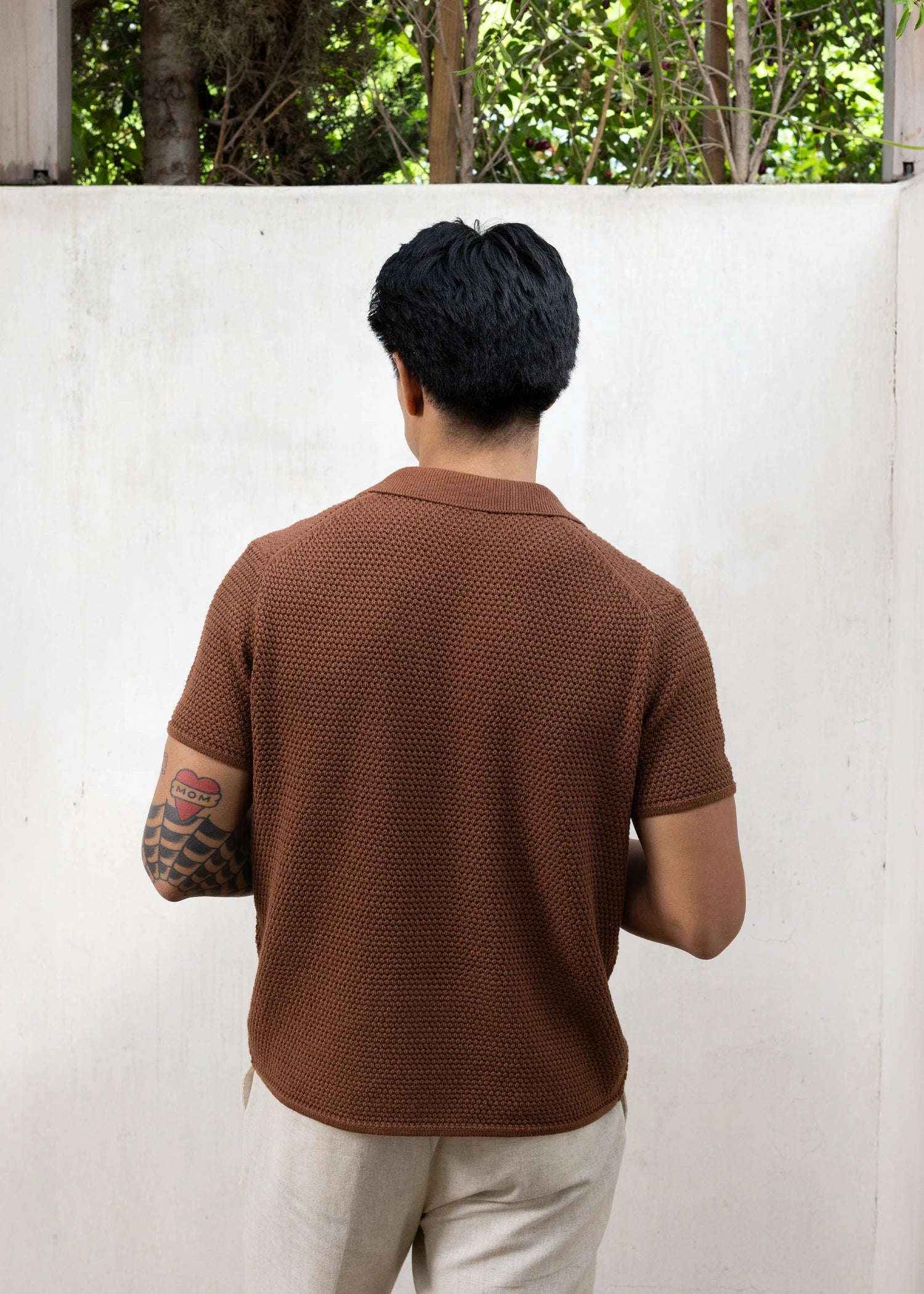 Crochet Open Collar Polo - Rust Brown