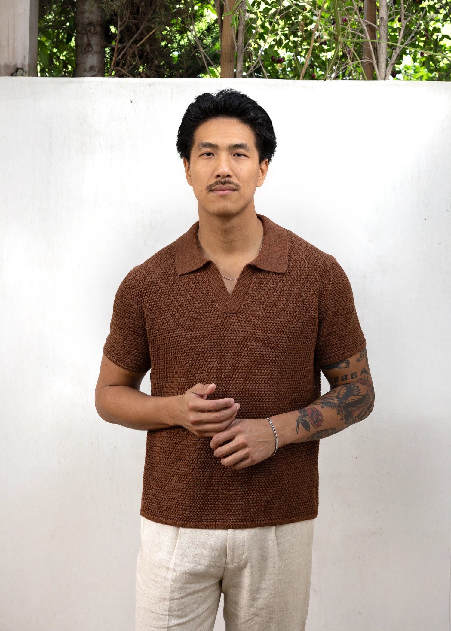 Crochet Open Collar Polo - Rust Brown