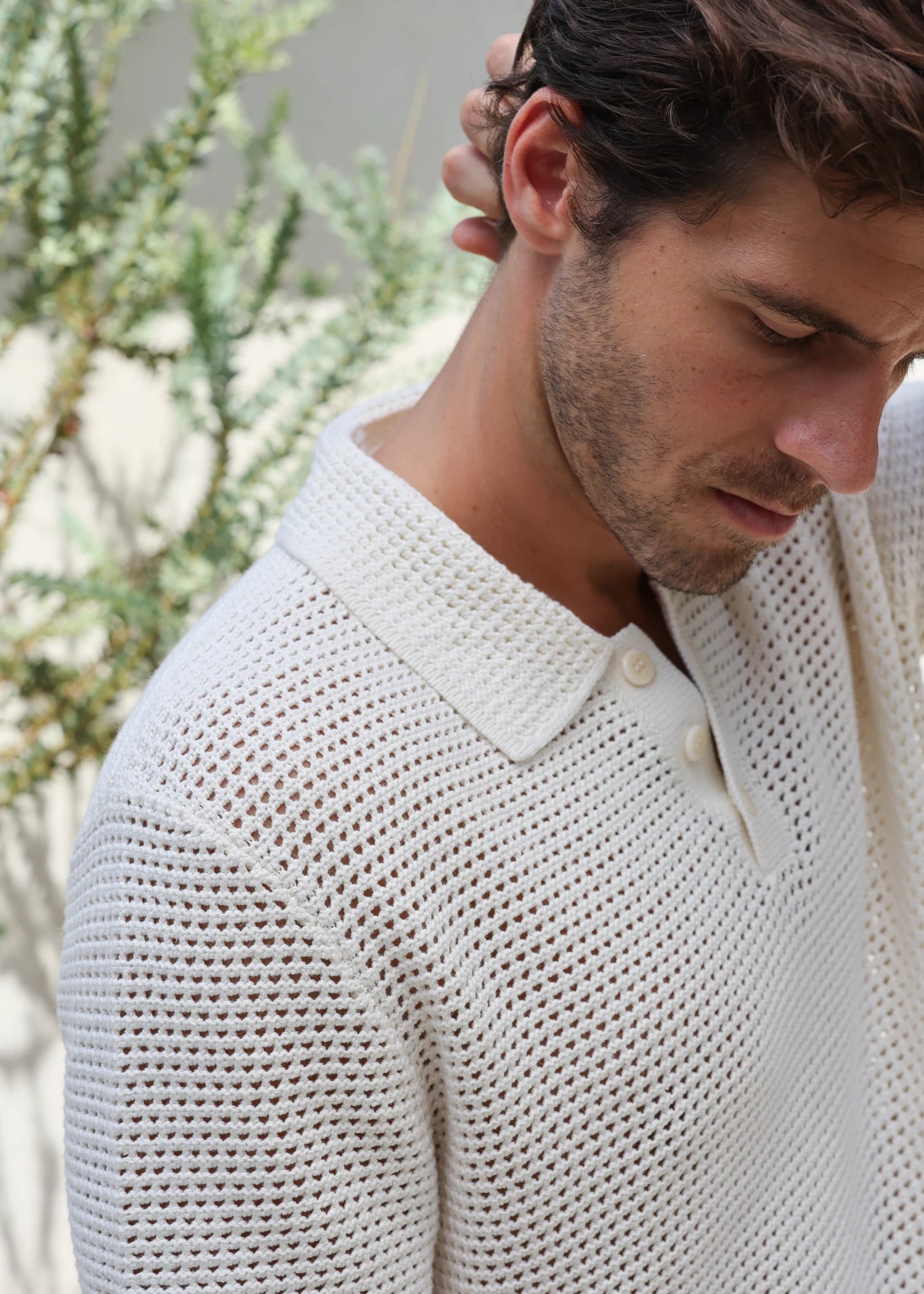 Linen Classic Crochet Polo - Ivory