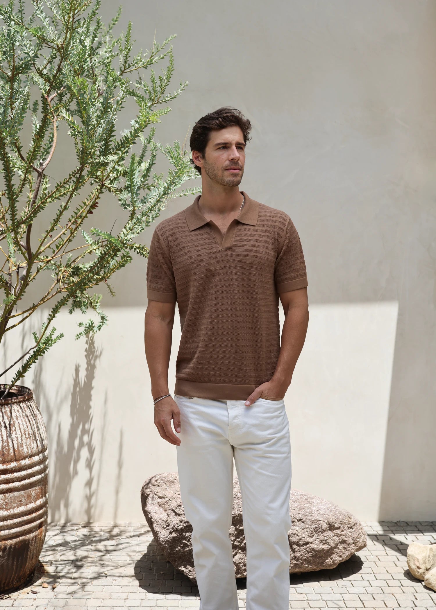 Mulberry Silk Tonal Stripe Polo - Stone