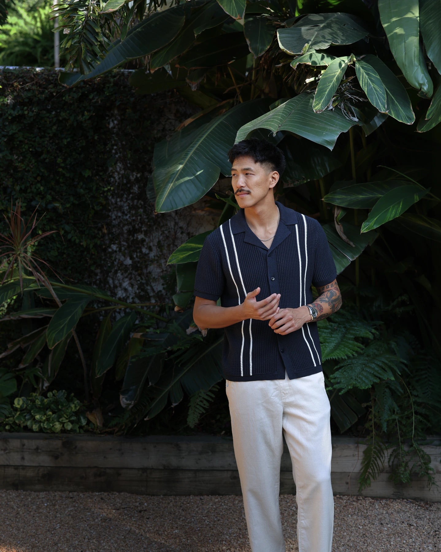 Uncle purl navy linen crochet shirt with white stripe. Summer crochet shirts in linen for men.