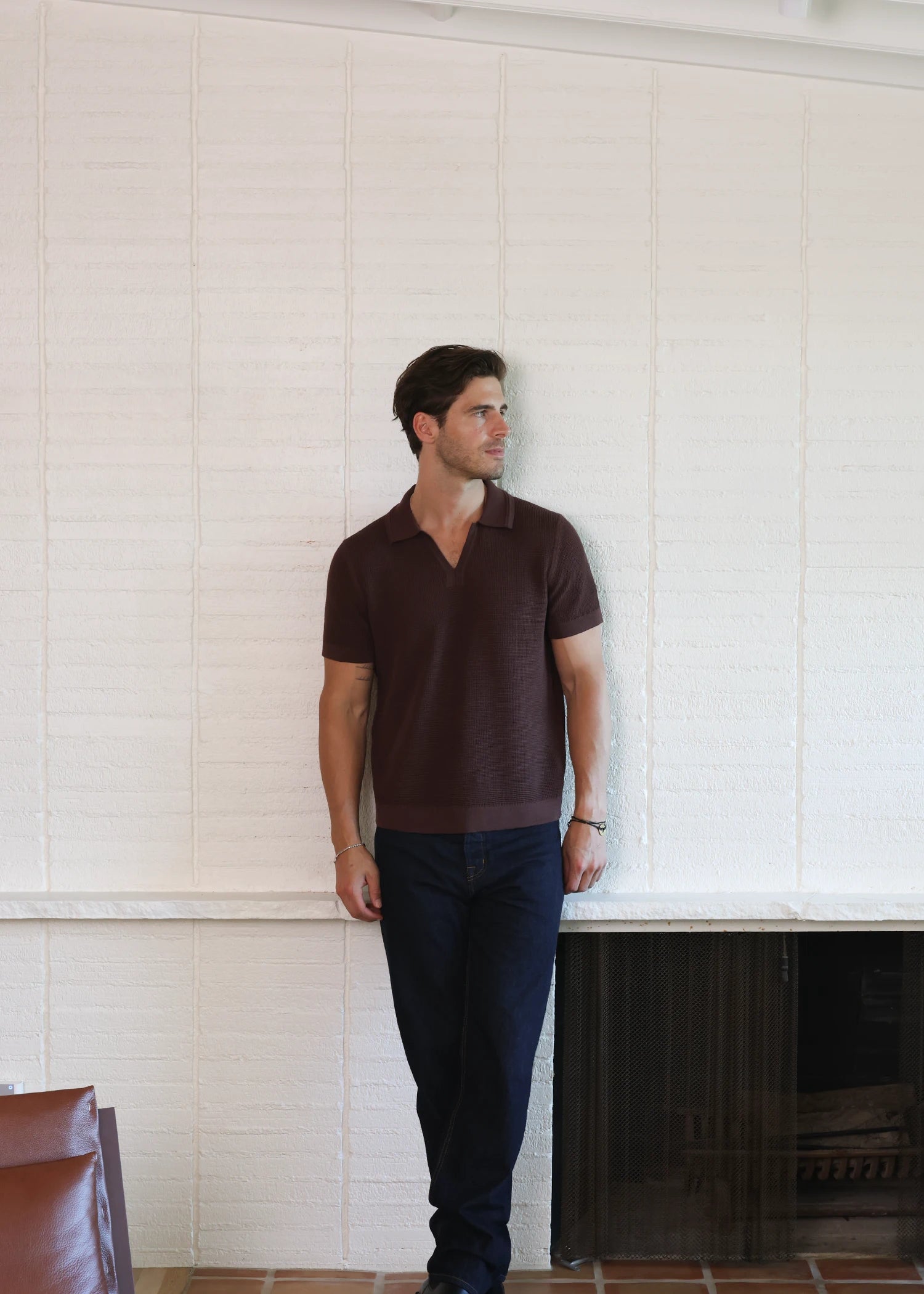 Mercer Cotton Open Collar Polo - Umber Brown