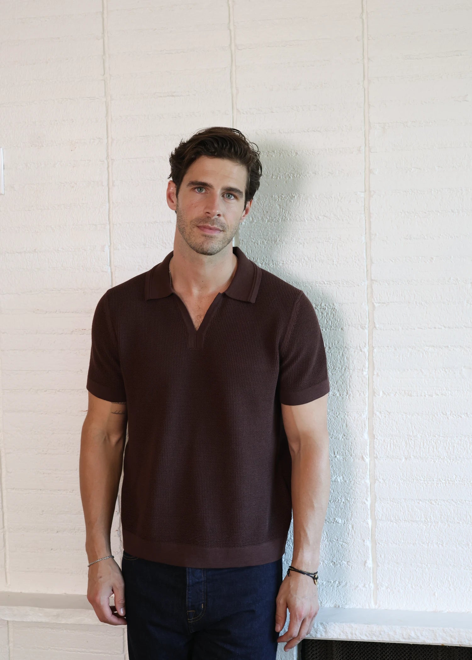 Mercer Cotton Open Collar Polo - Umber Brown