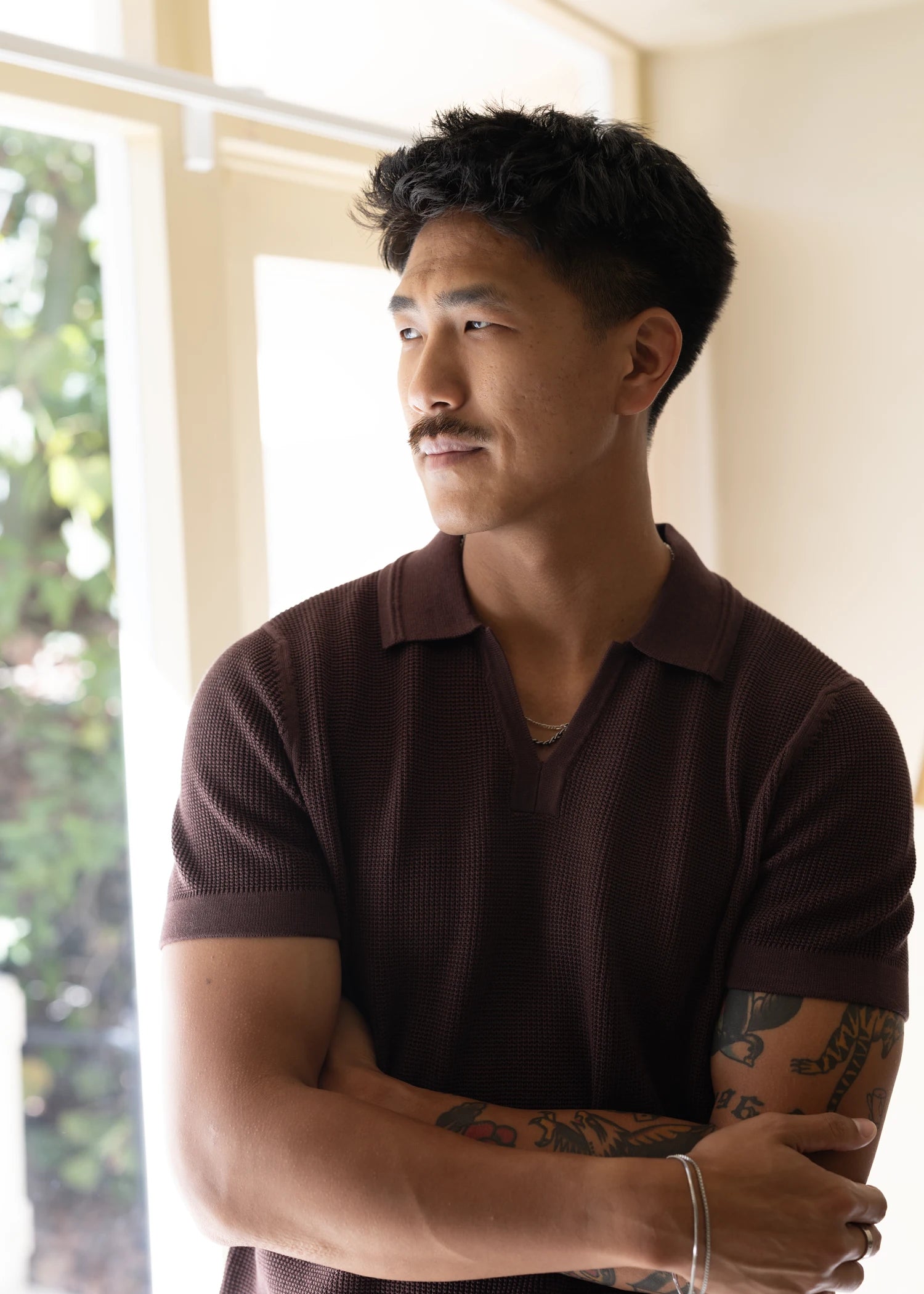 Mercer Cotton Open Collar Polo - Umber Brown