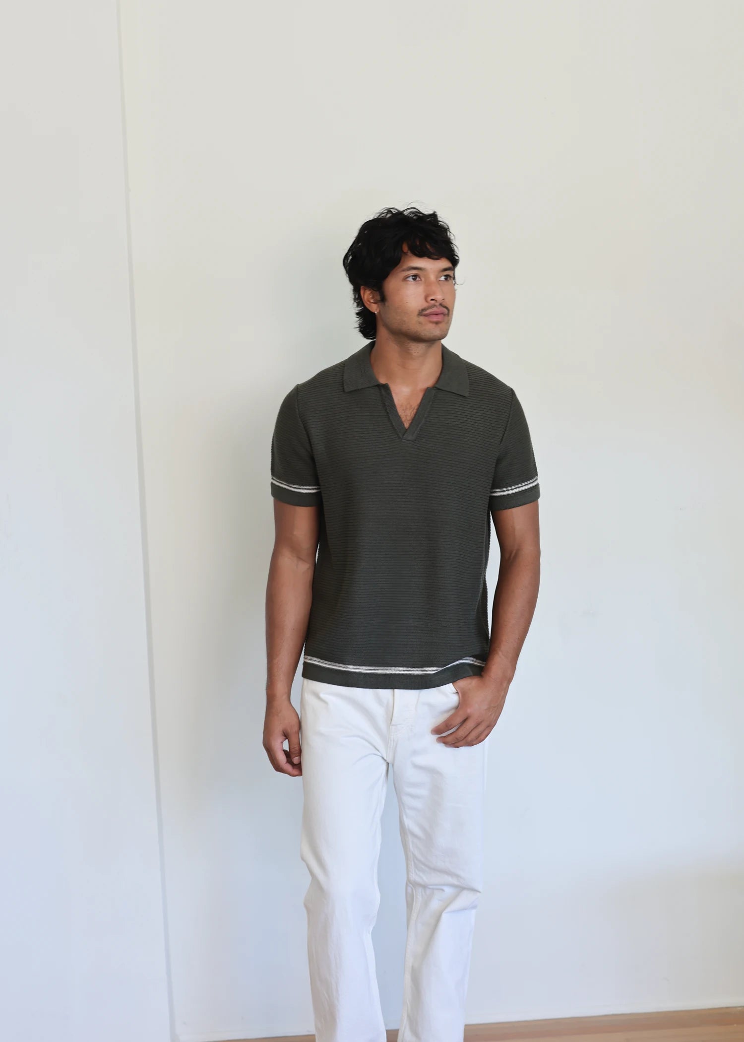 Linen Stripe Trim Polo - Pine Green