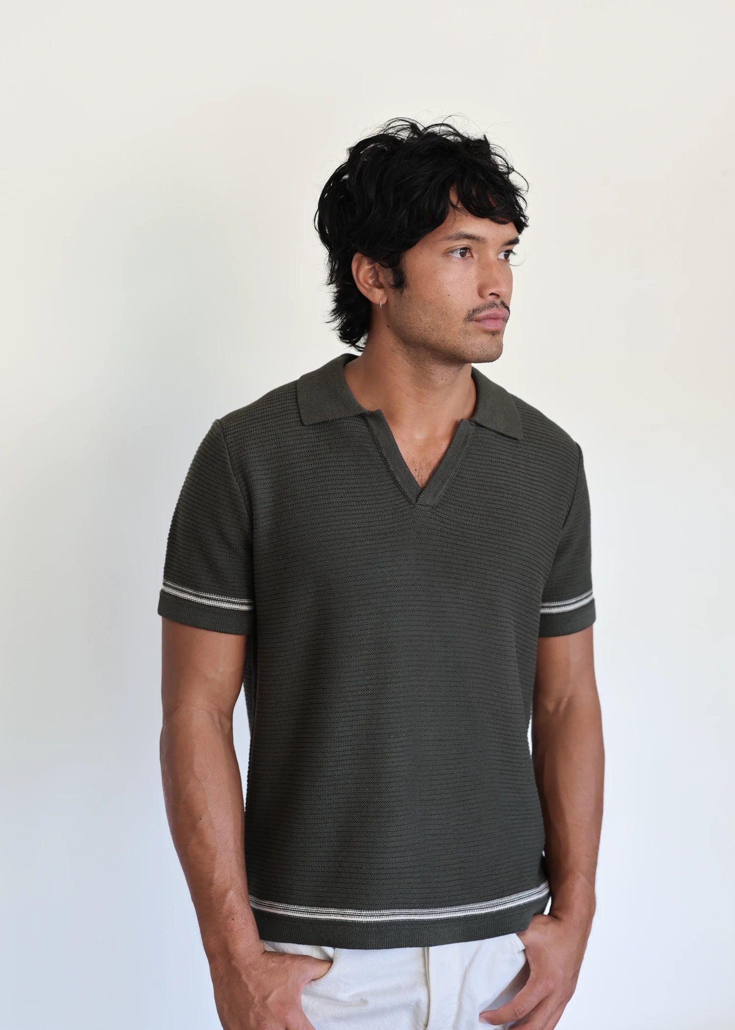 Linen Stripe Trim Polo - Pine Green