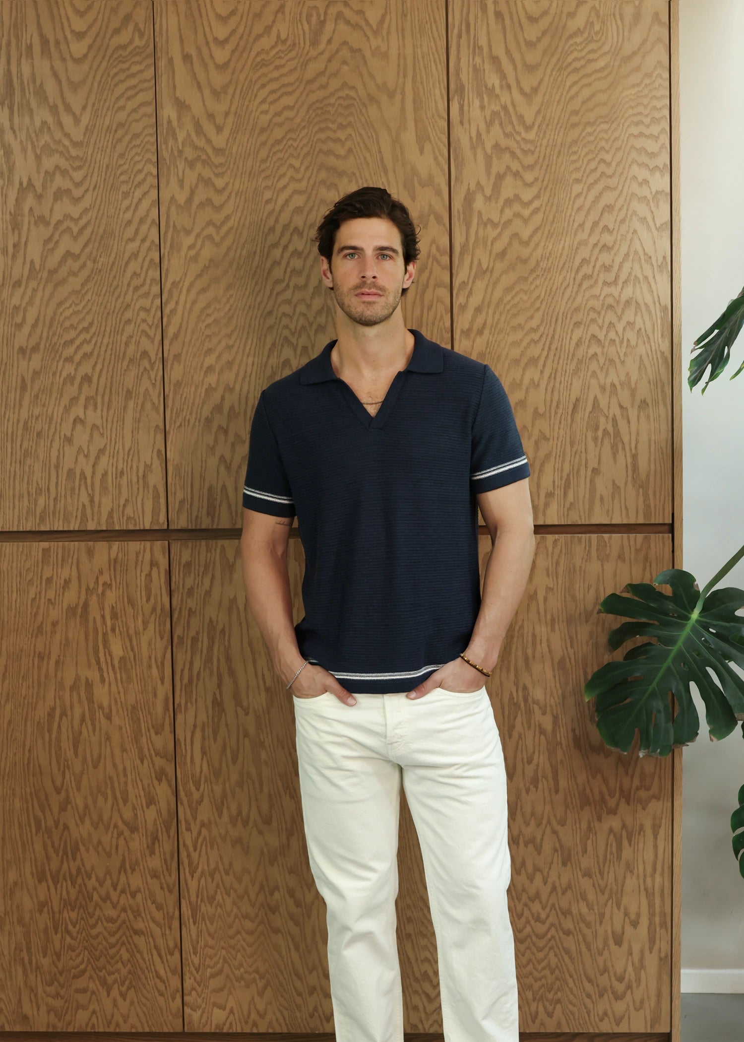 Linen Stripe Trim Polo - Deep Navy