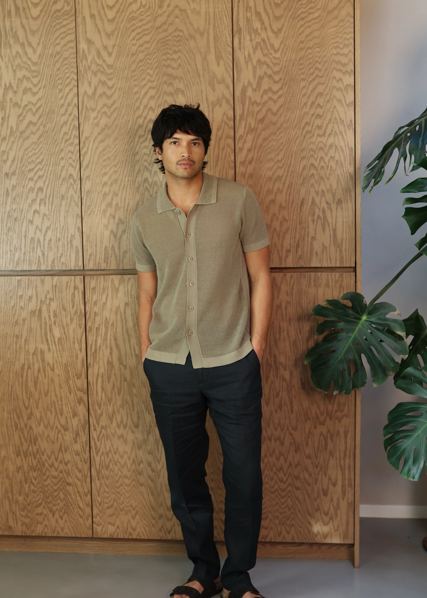 Linen Crochet Stitch Shirt - Sage Green