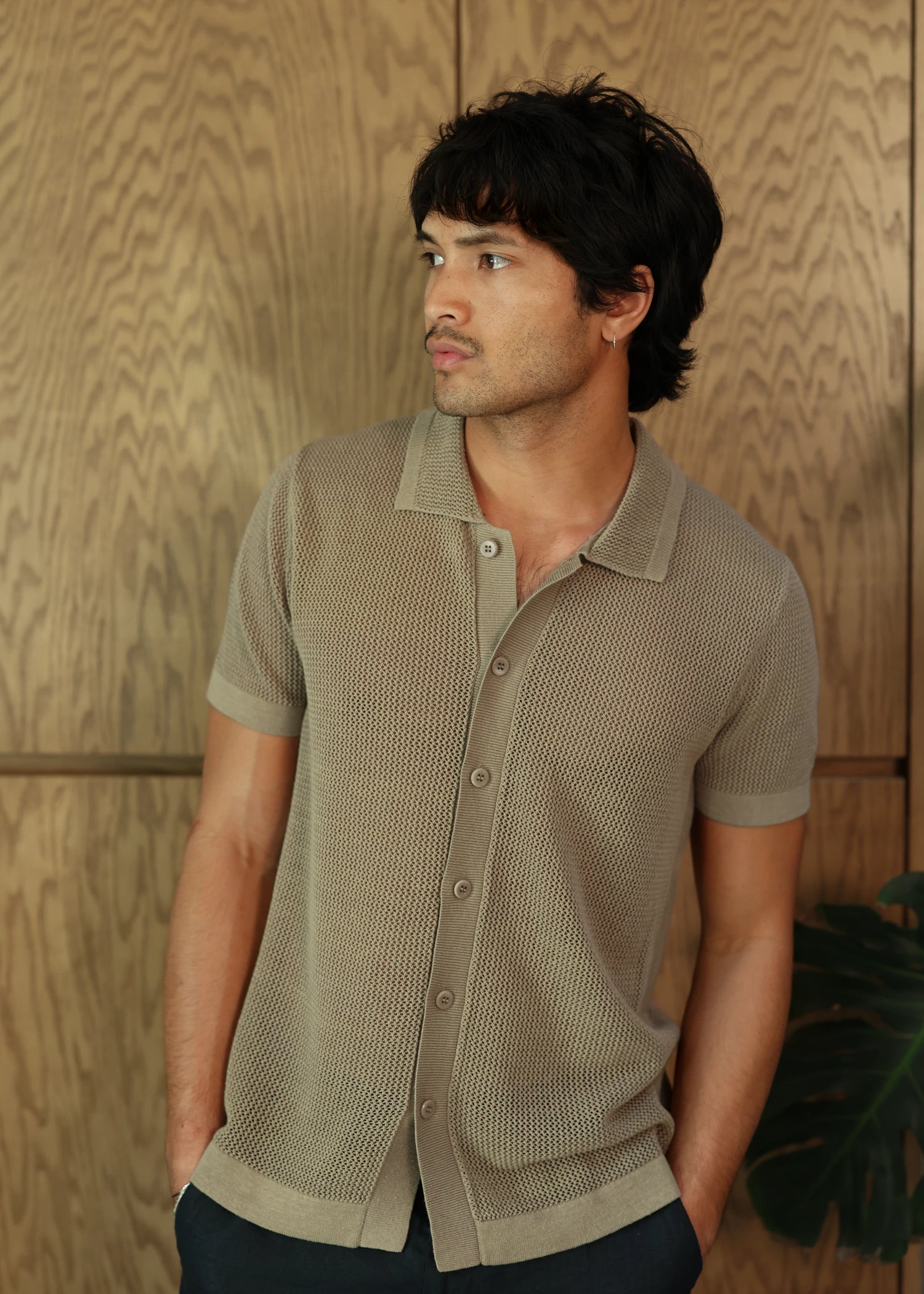 Linen Crochet Stitch Shirt - Sage Green