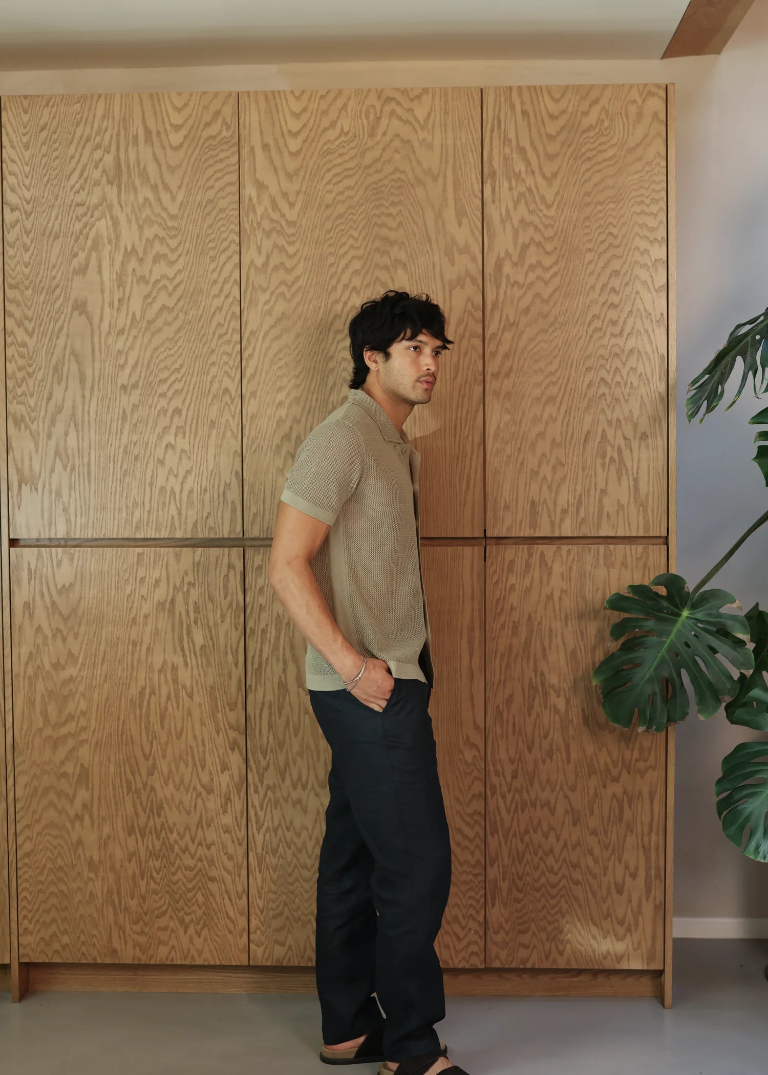 Linen Crochet Stitch Shirt - Sage Green