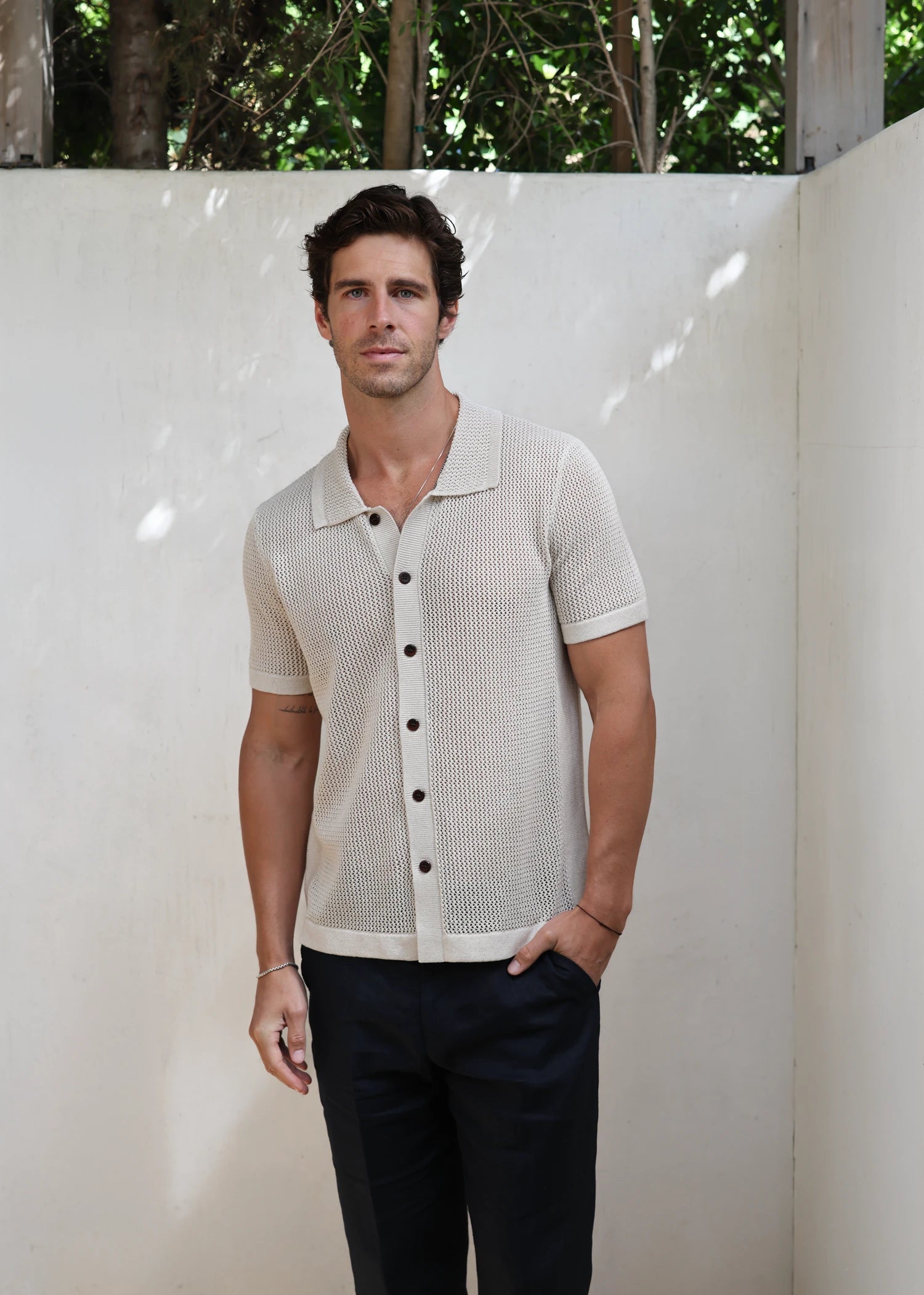 Linen Crochet Stitch Shirt - Natural
