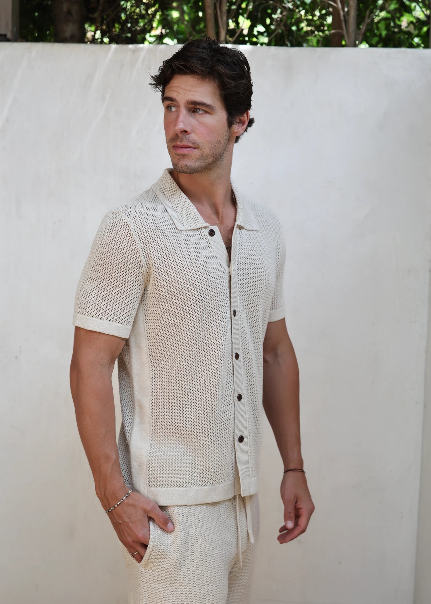 Linen Crochet Stitch Shirt - Natural