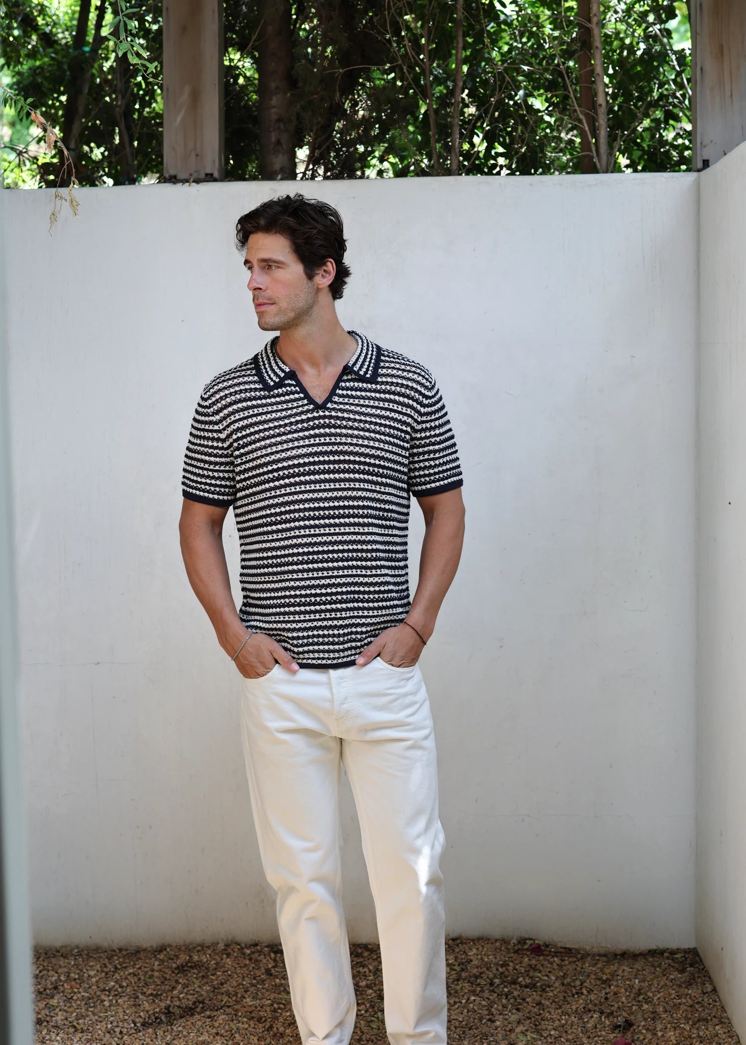 Linen Crochet Polo - Deep Navy/Natural