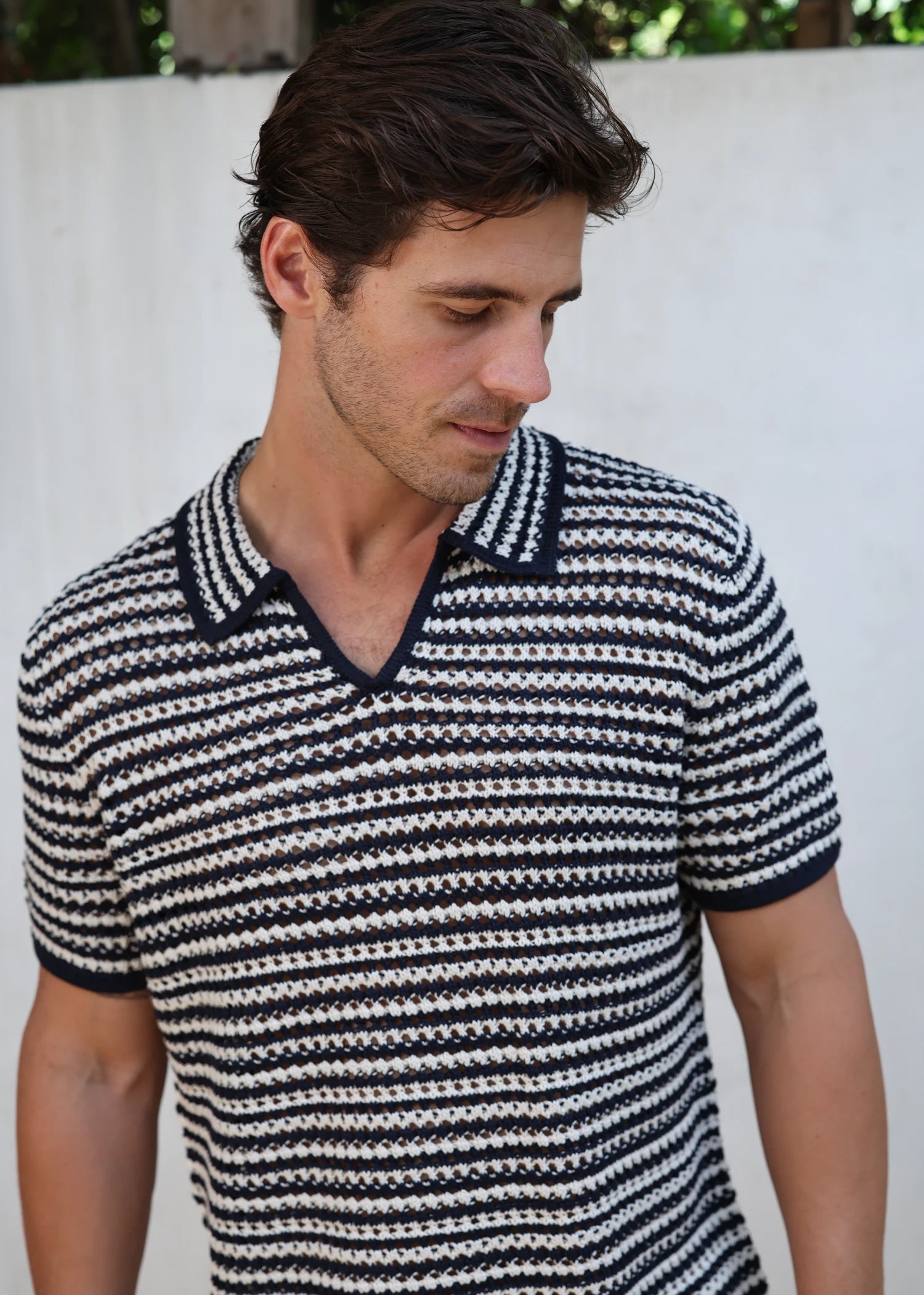 Linen Crochet Polo - Deep Navy/Natural
