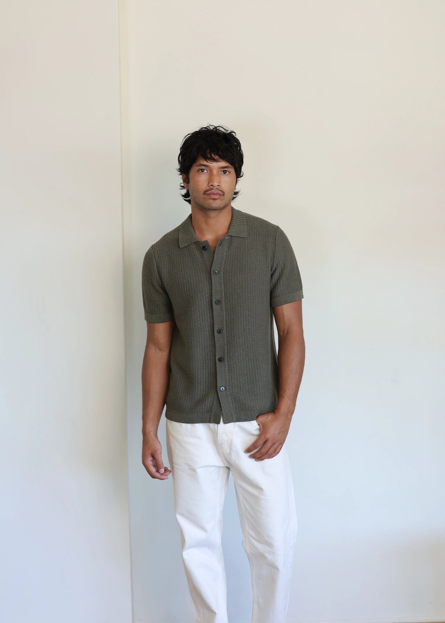 Linen Crochet Textured Shirt - Olive Green