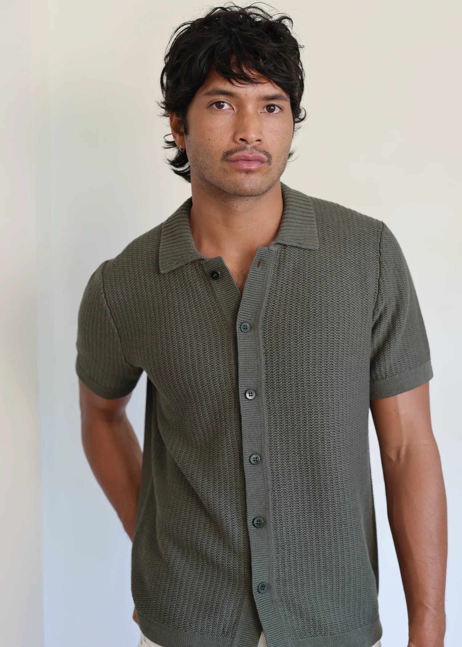 Linen Crochet Textured Shirt - Olive Green