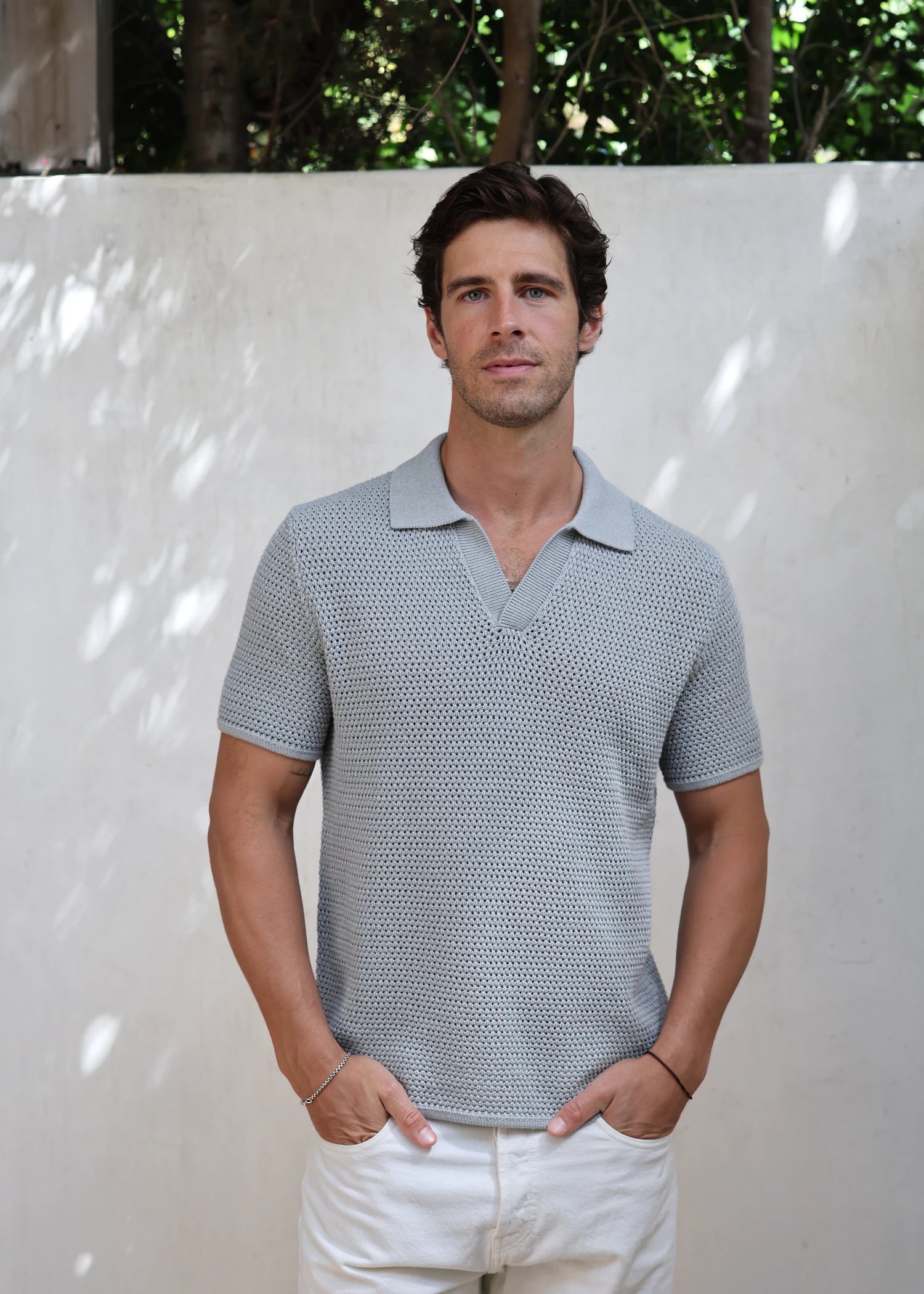 Linen Open Collar Crochet Polo - Powder Blue