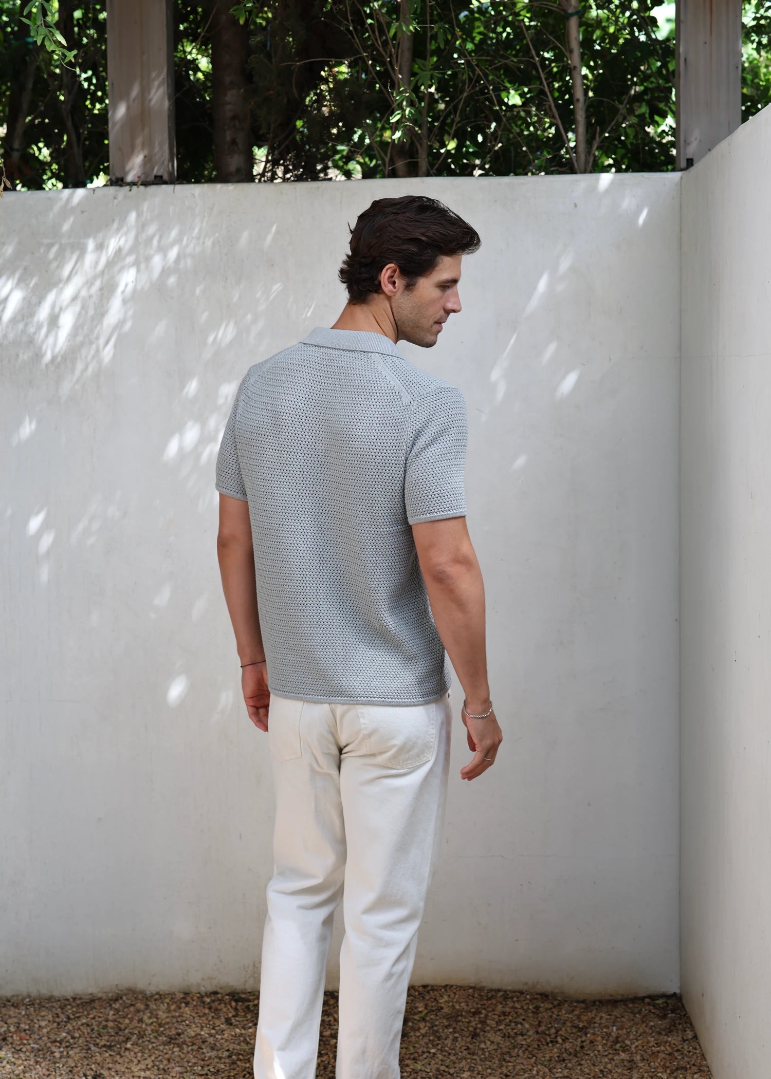 Linen Open Collar Crochet Polo - Powder Blue