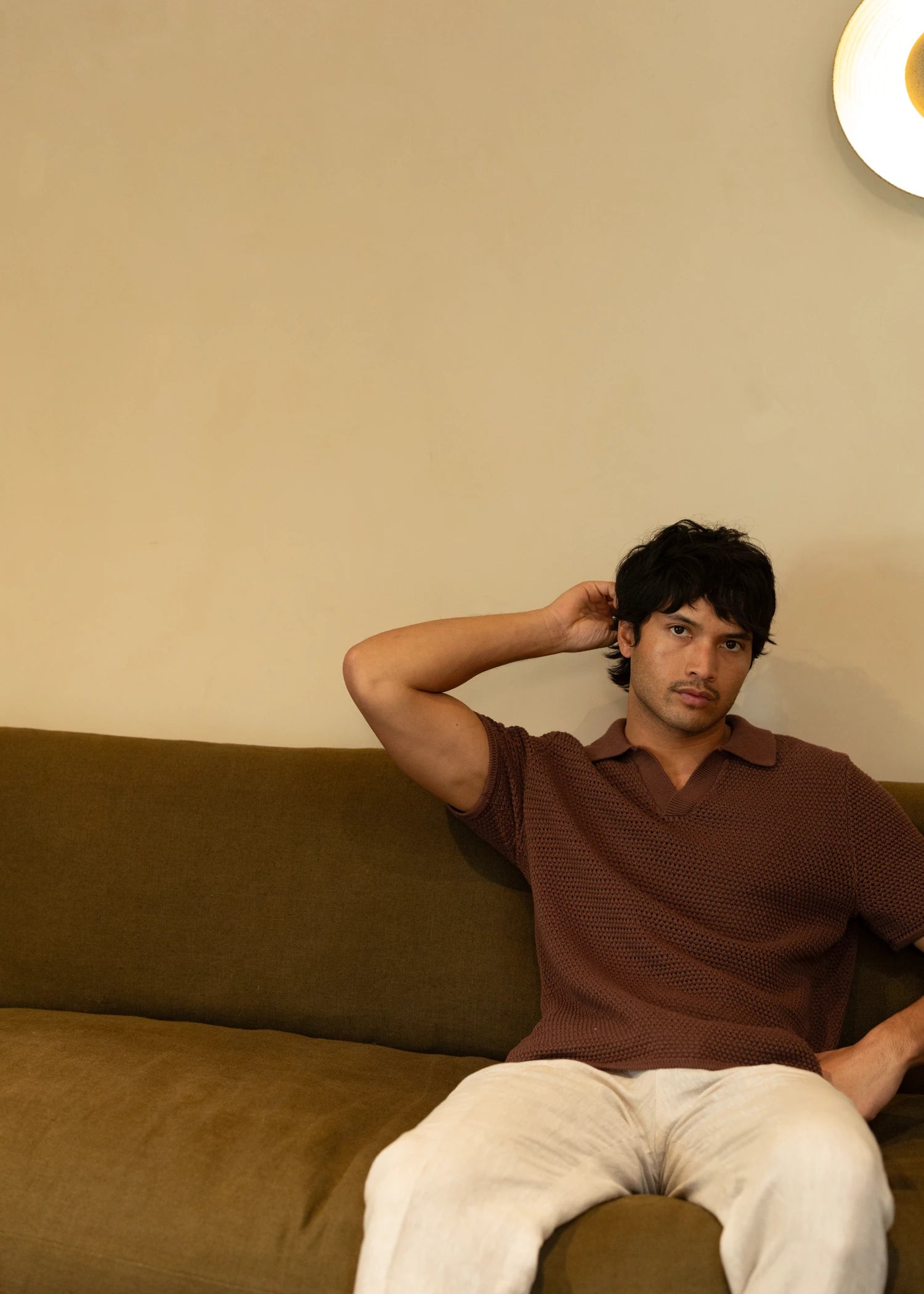 Linen Open Collar Crochet Polo - Rust Brown