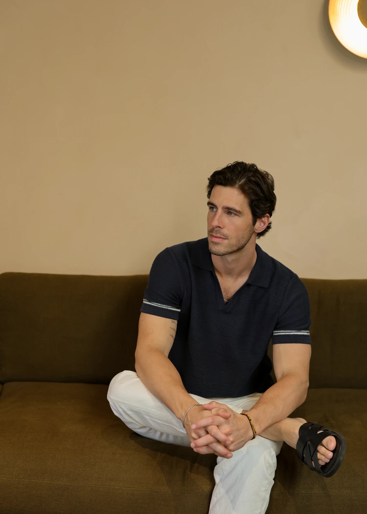 Linen Stripe Trim Polo - Deep Navy