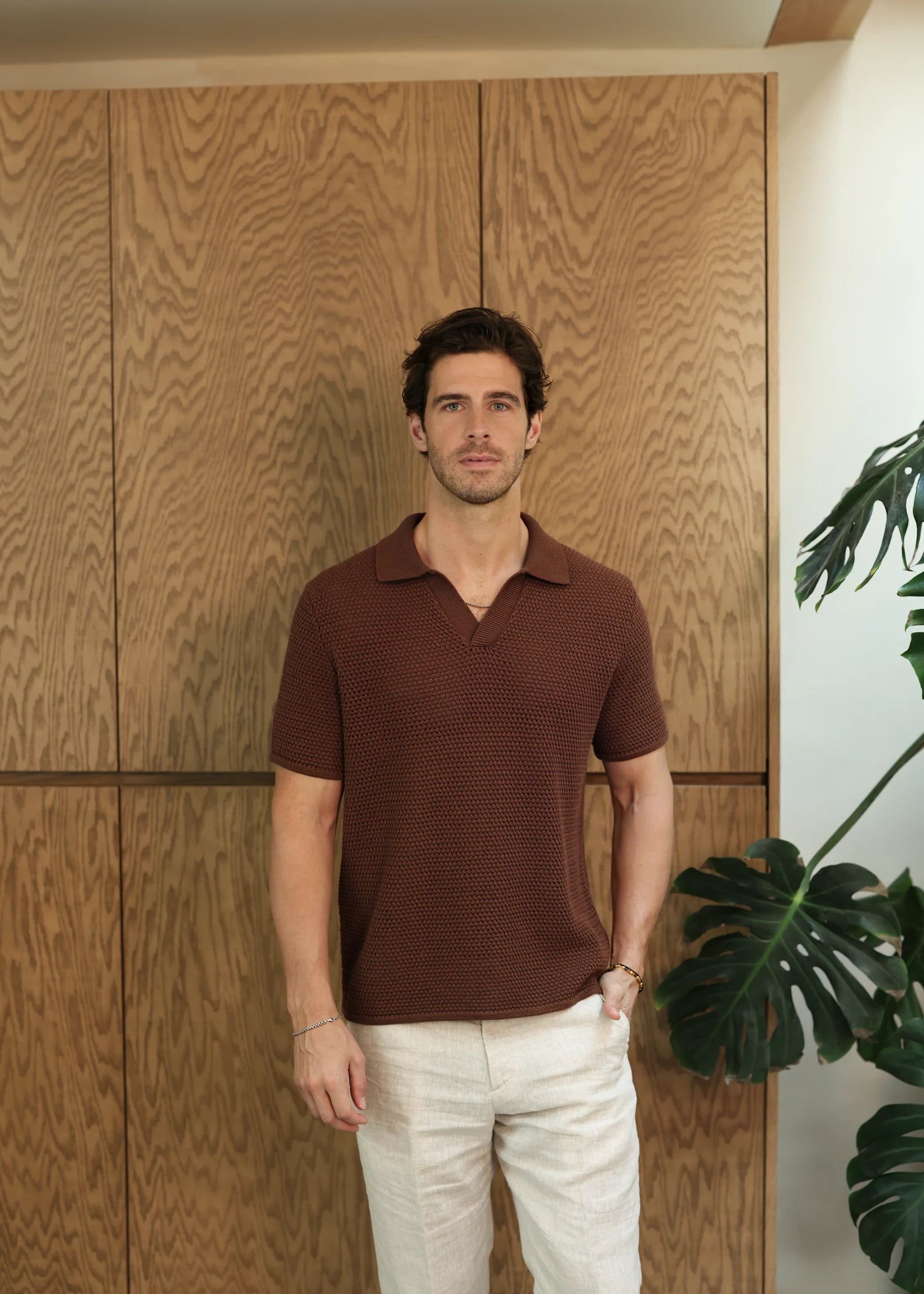 Linen Open Collar Crochet Polo - Rust Brown