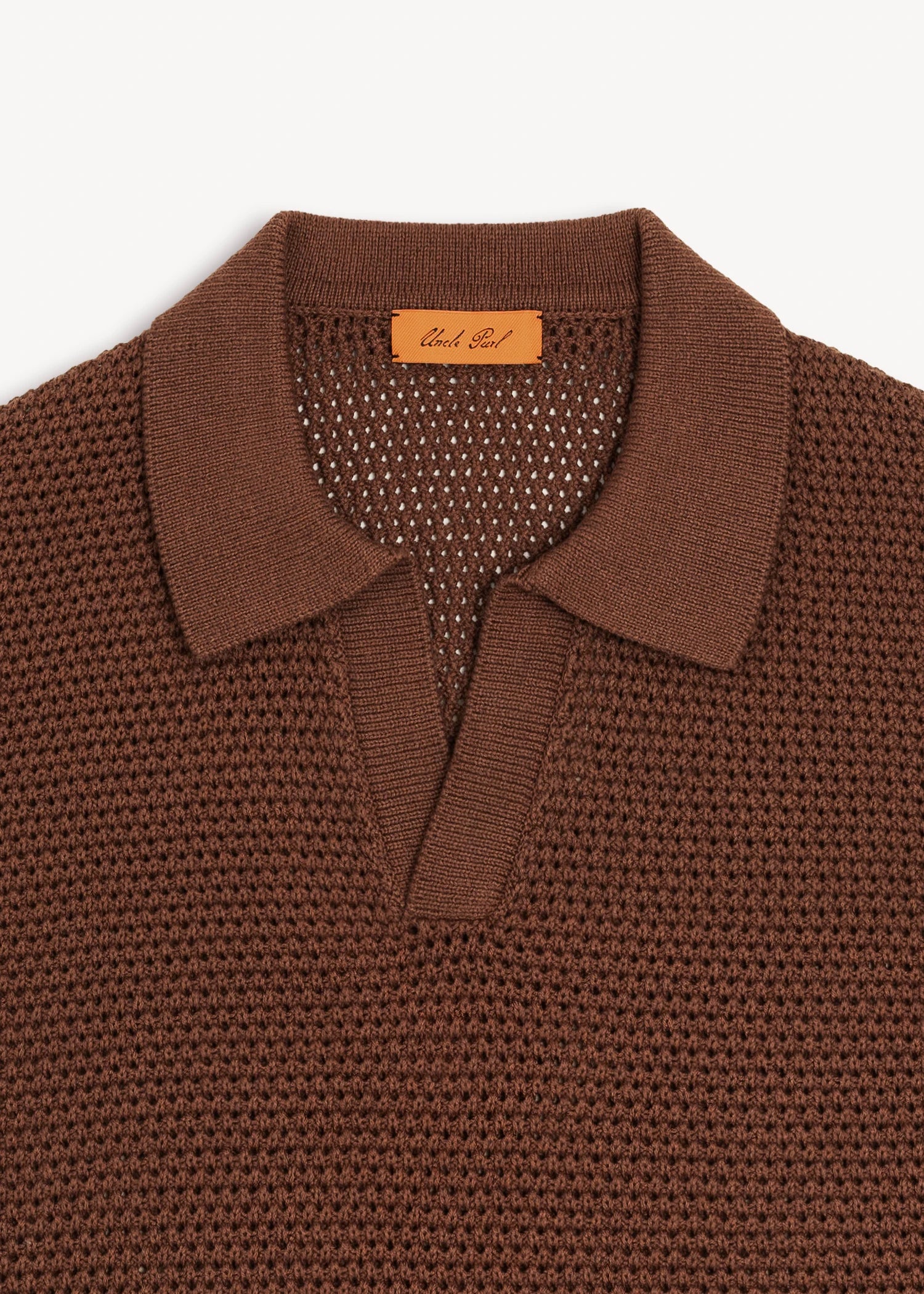 Linen Open Collar Crochet Polo - Rust Brown